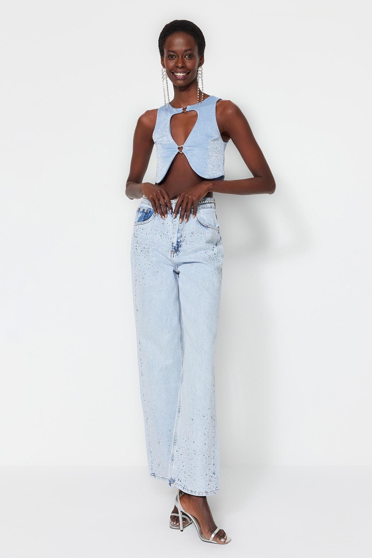 Blue Cut Out Detailed Crop Top, , large image number 2