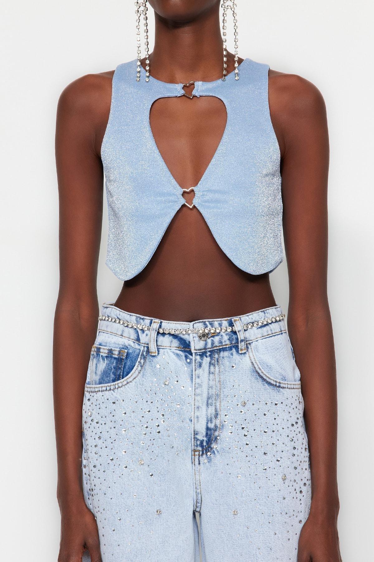 Blue Cut Out Detailed Crop Top, , large image number 3