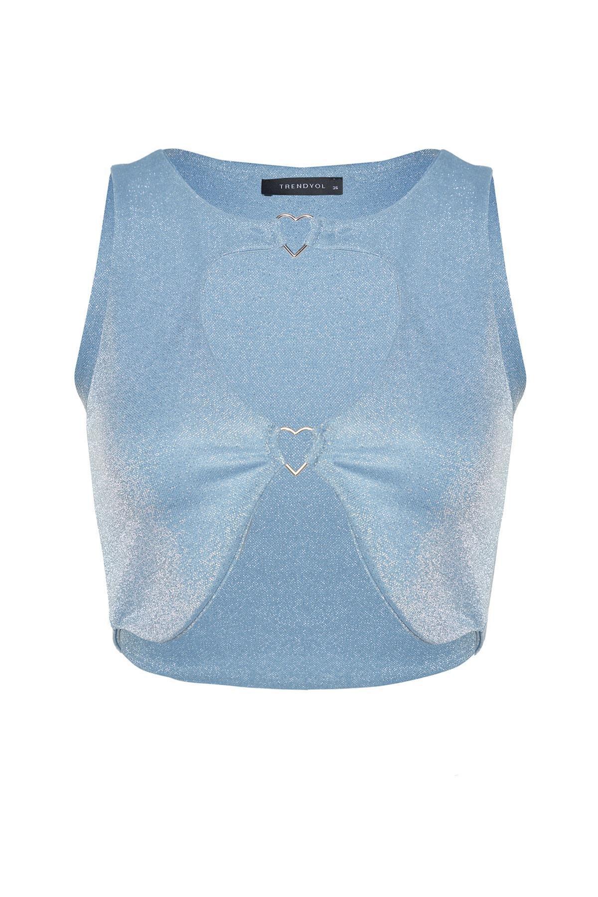 Blue Cut Out Detailed Crop Top, , large image number 5