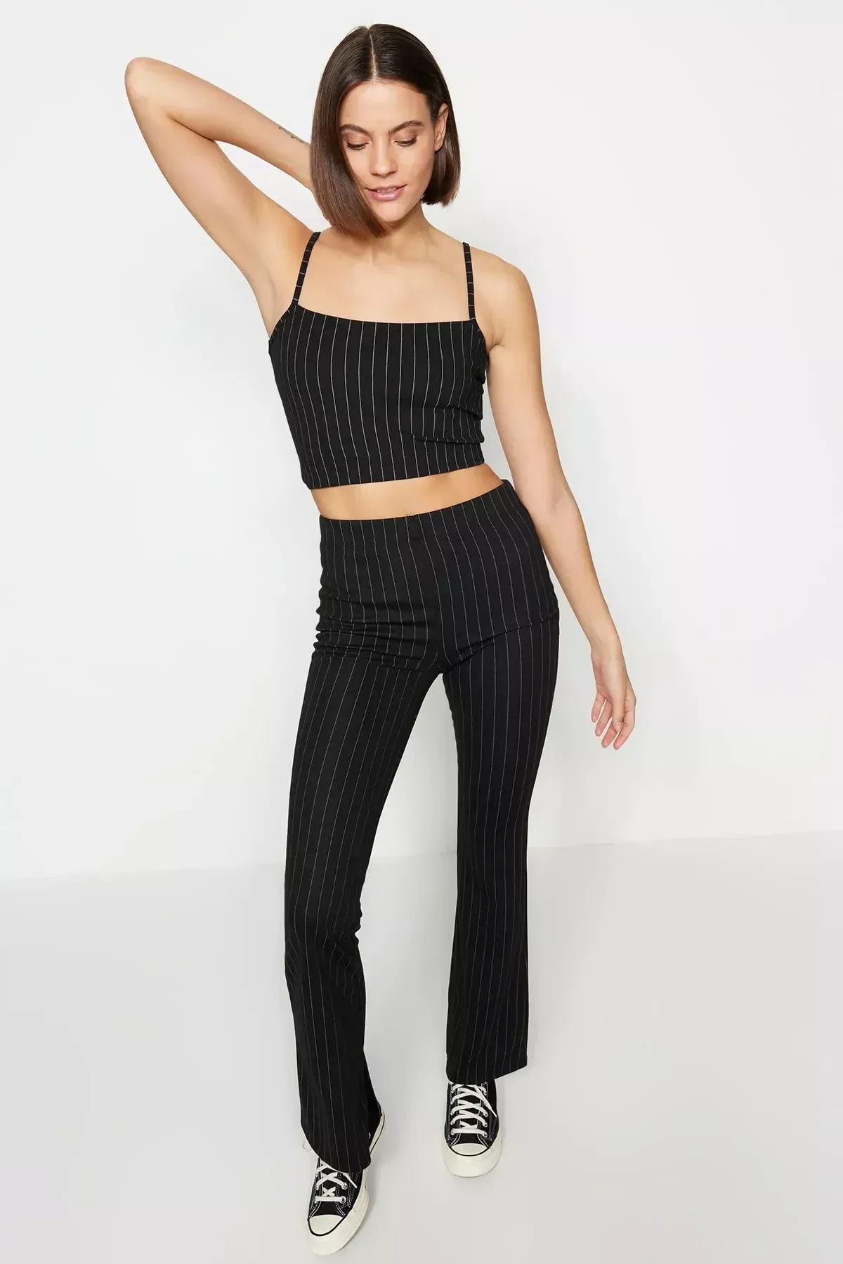 Black Stripped Trousers, Black, large image number 1
