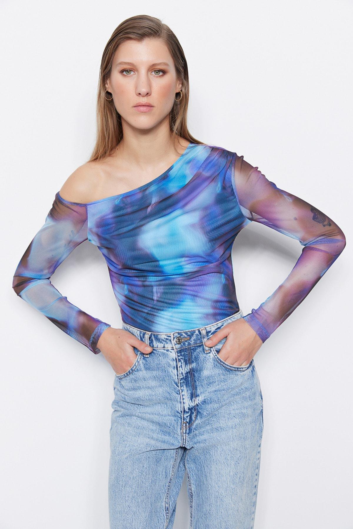 Trendyol - Blue Patterned Tulle Transparent Knitted Body