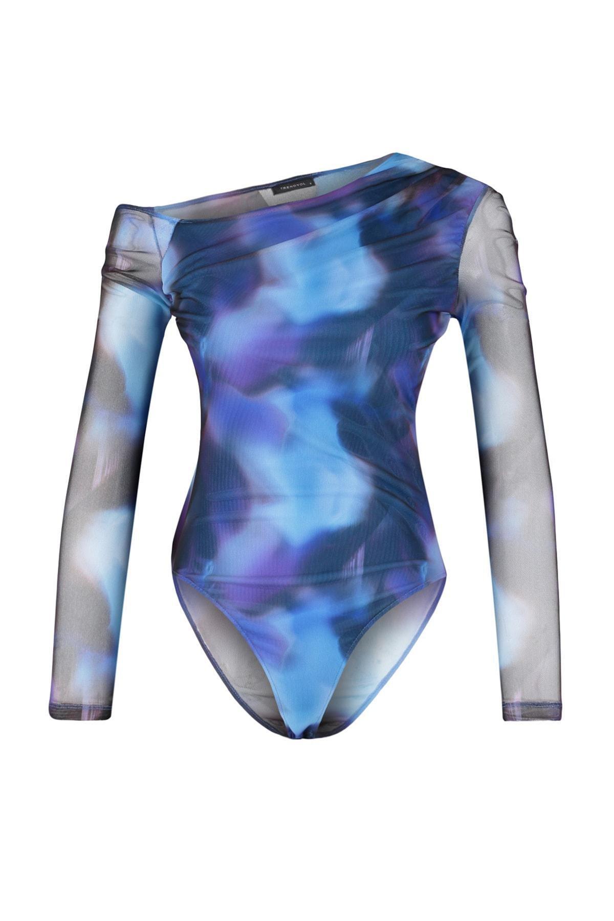 Trendyol - Blue Patterned Tulle Transparent Knitted Body
