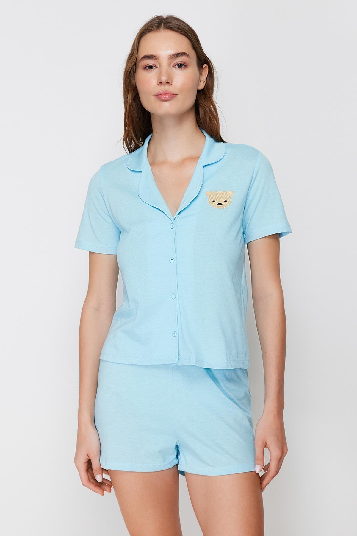 Blue Shirt Collar Pajama Set, , large image number 2