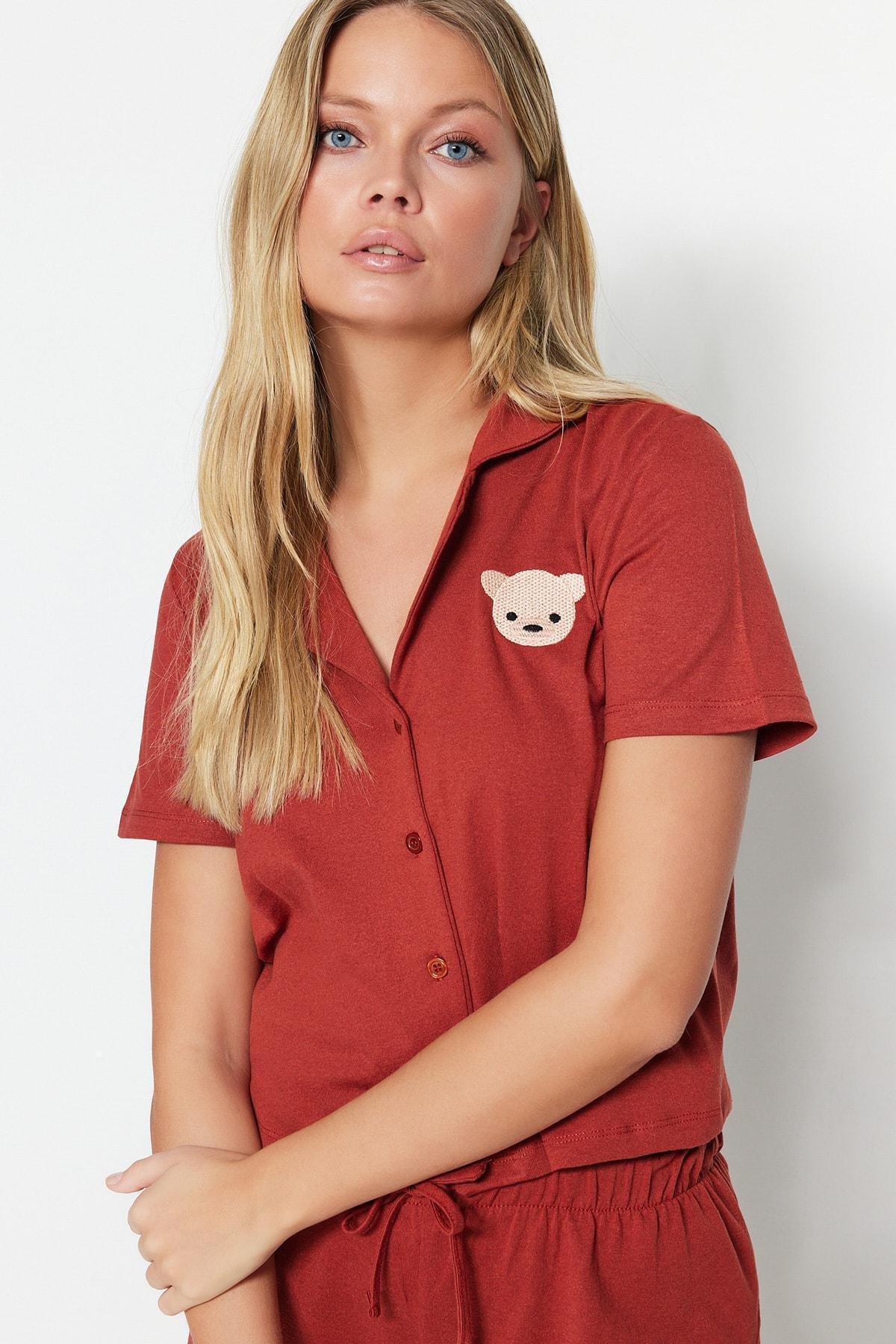 Orange Shirt Collar Pajama Set, , large image number 1