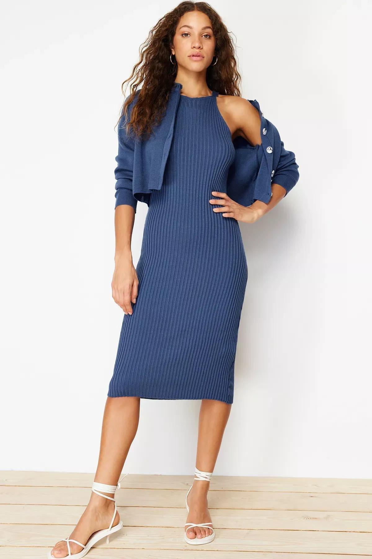 Navy Knitwear Midi Dress, Indigo, large image number 1