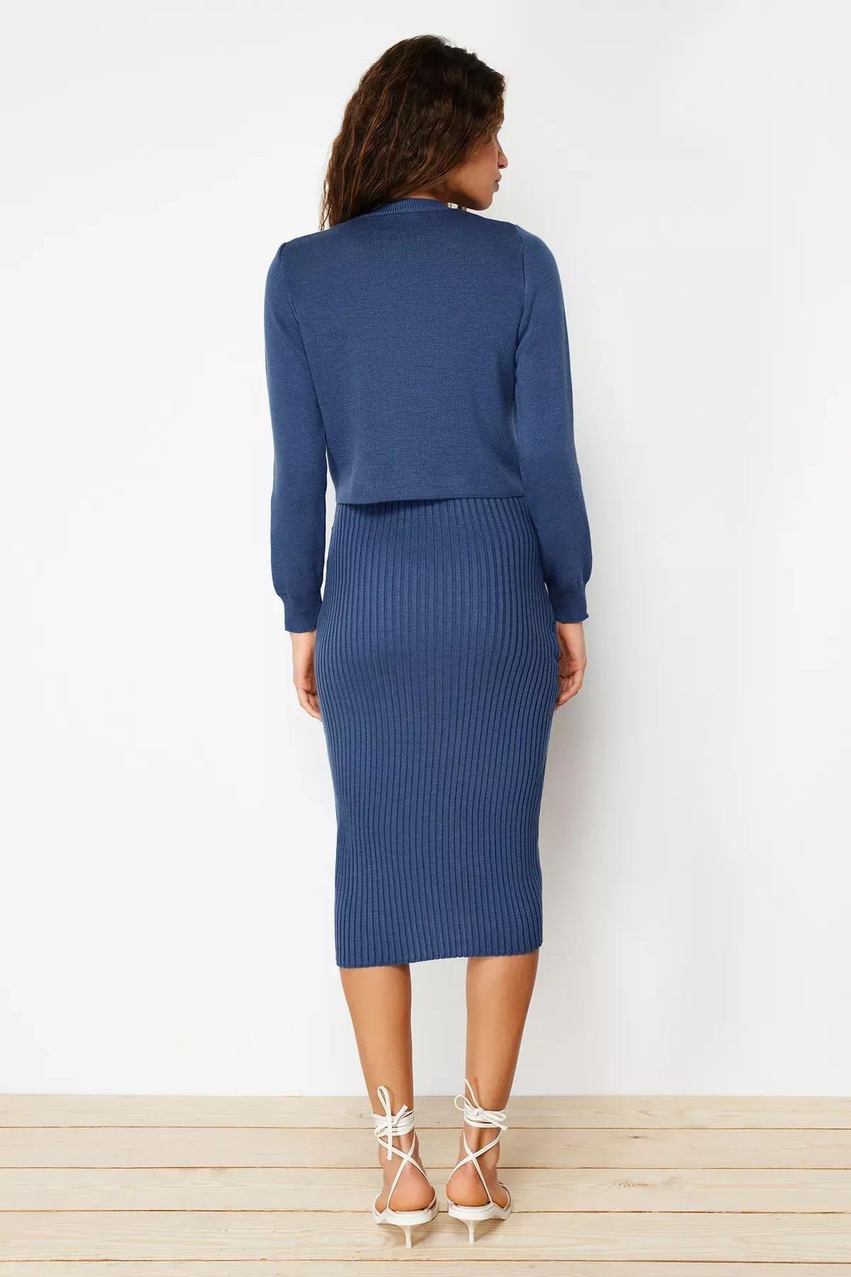 Navy Knitwear Midi Dress, Indigo, large image number 4