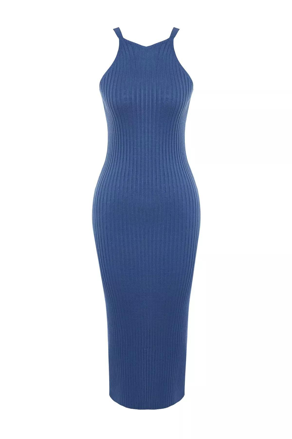 Navy Knitwear Midi Dress, Indigo, large image number 5