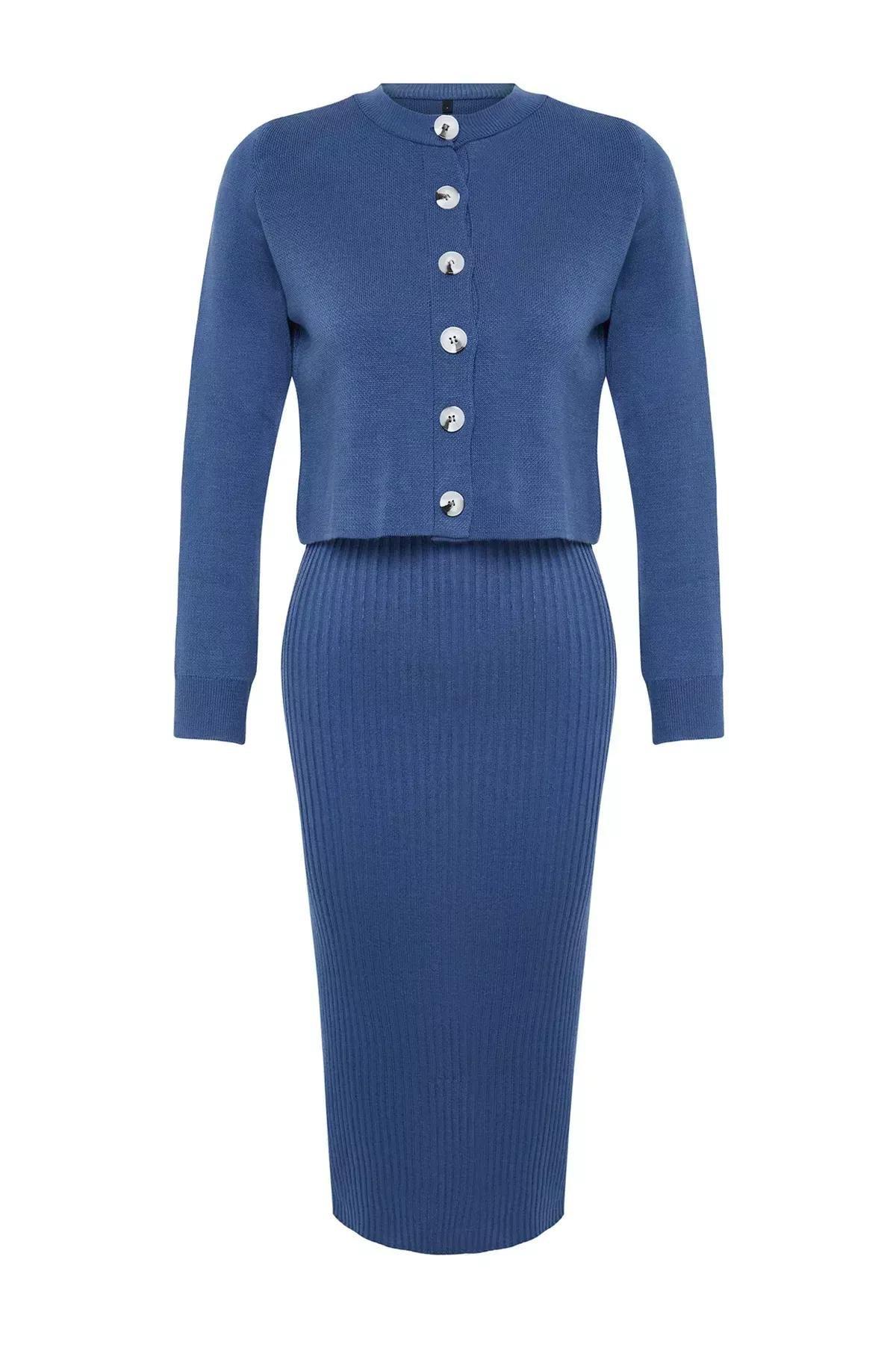 Navy Knitwear Midi Dress, Indigo, large image number 6