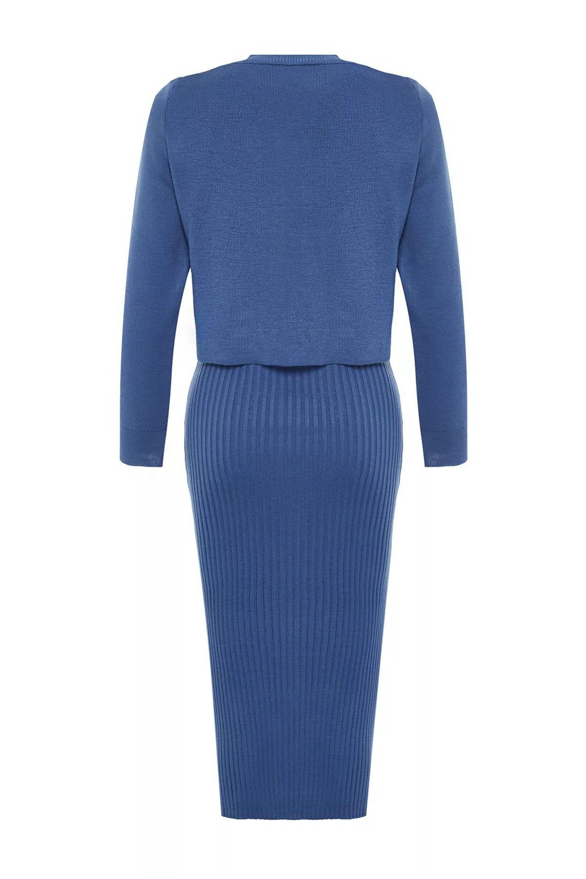 Navy Knitwear Midi Dress, Indigo, large image number 7