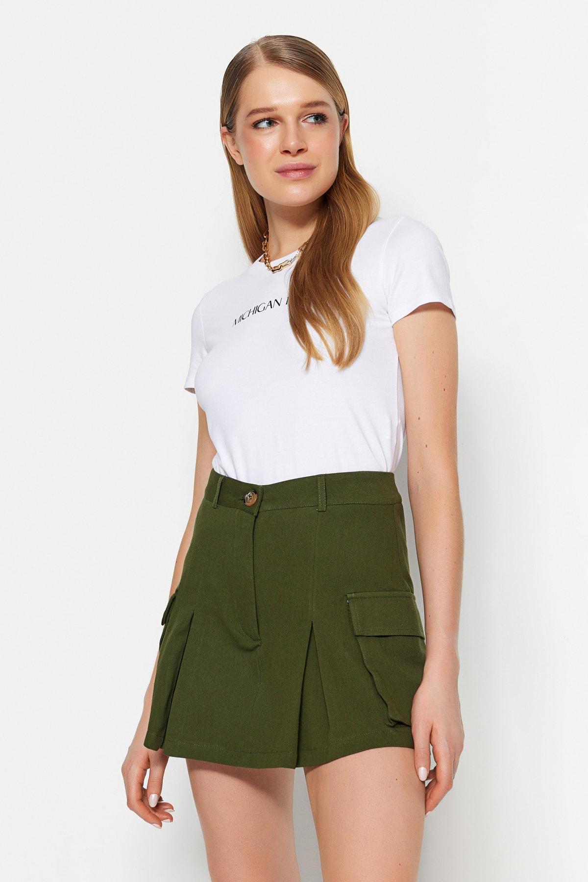 Khaki Flap Pocket Pleat Skirt, , large image number 2