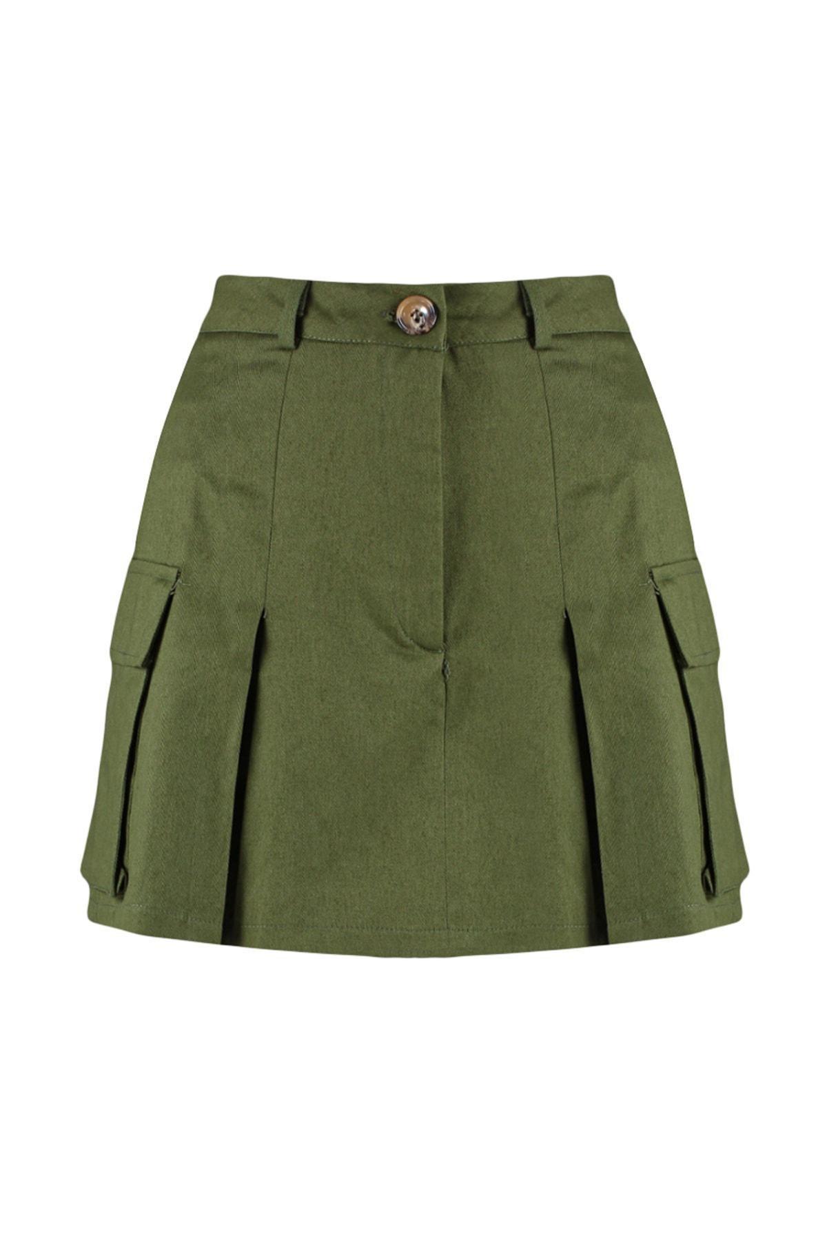 Khaki Flap Pocket Pleat Skirt, , large image number 5