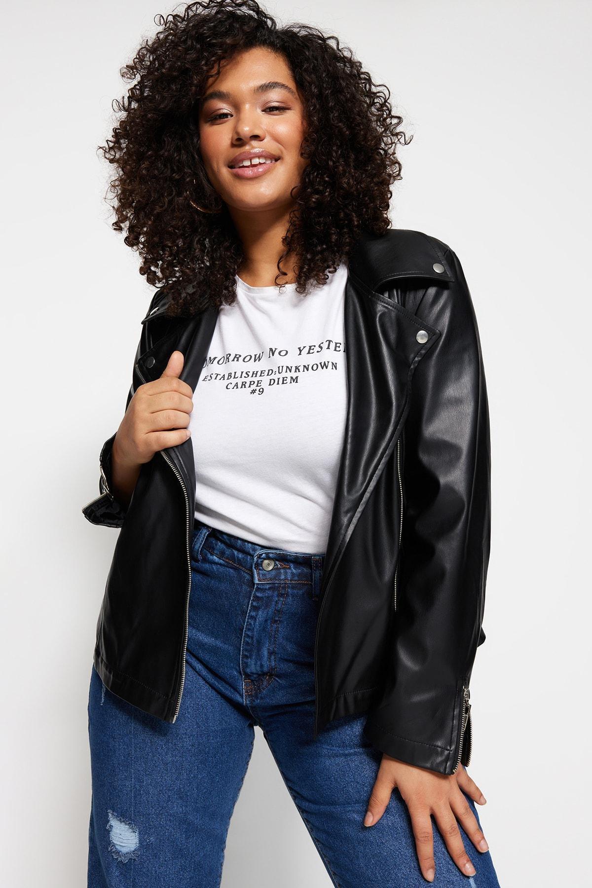 Black Plus Size Leather Biker Jacket, , large image number 0
