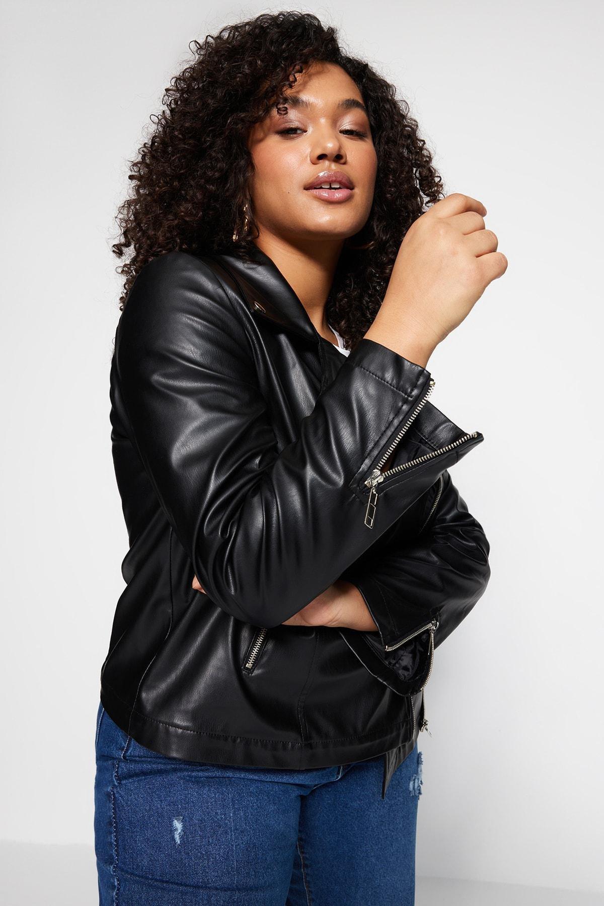 Black Plus Size Leather Biker Jacket, , large image number 1