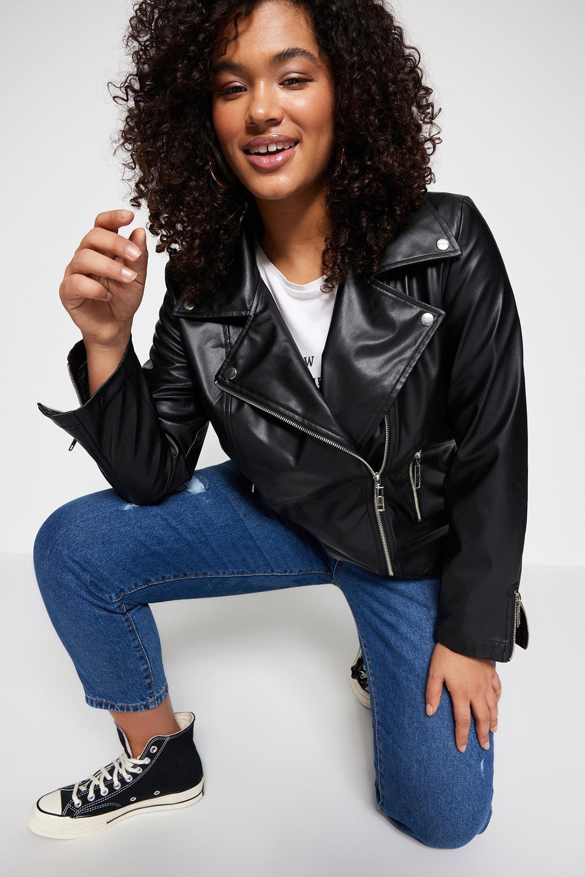 Black Plus Size Leather Biker Jacket, , large image number 2