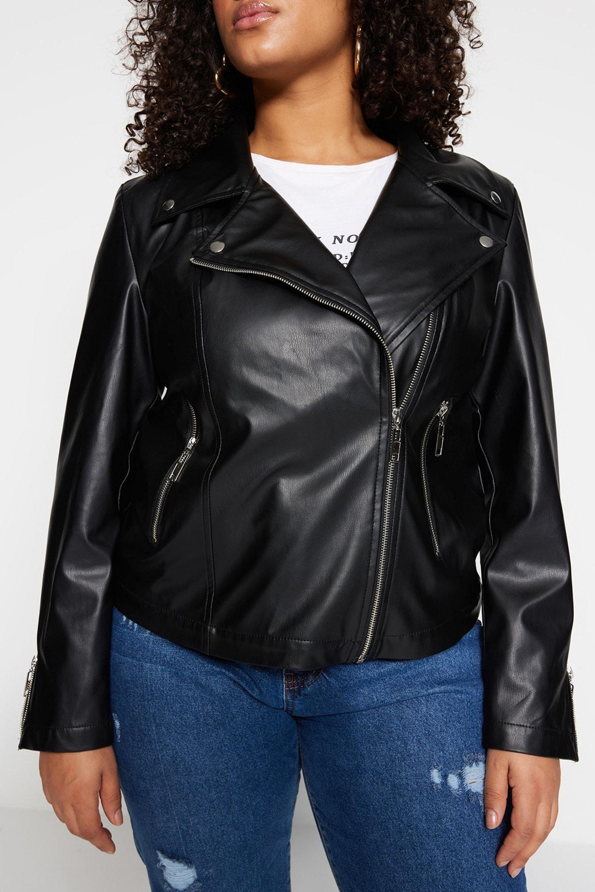 Black Plus Size Leather Biker Jacket, , large image number 3