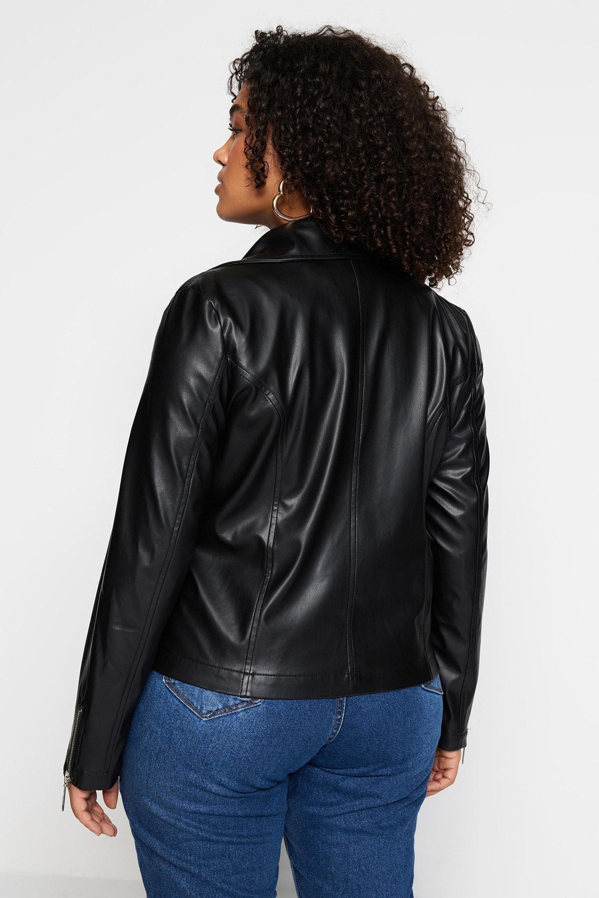 Black Plus Size Leather Biker Jacket, , large image number 4
