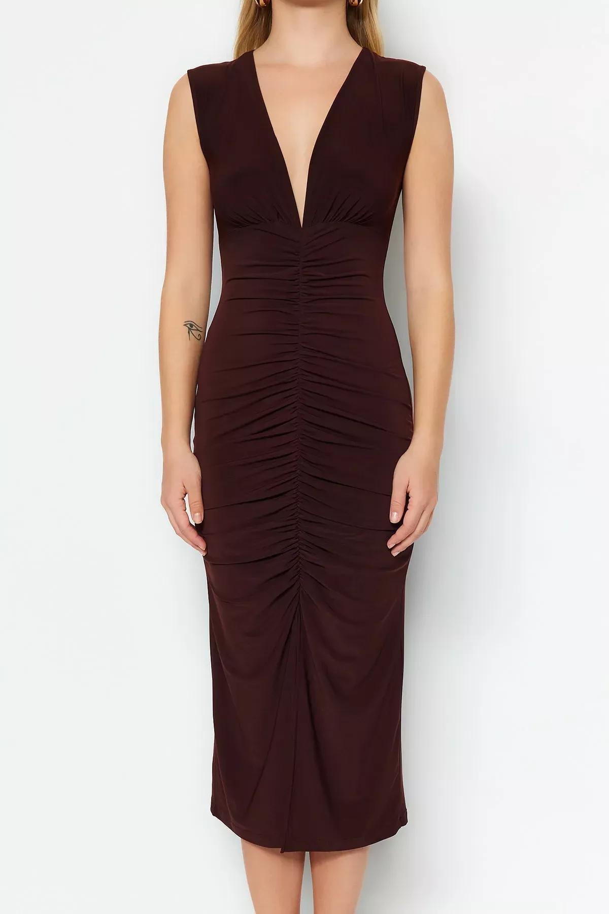 Brown V-Neck Dress, Brown, large image number 3