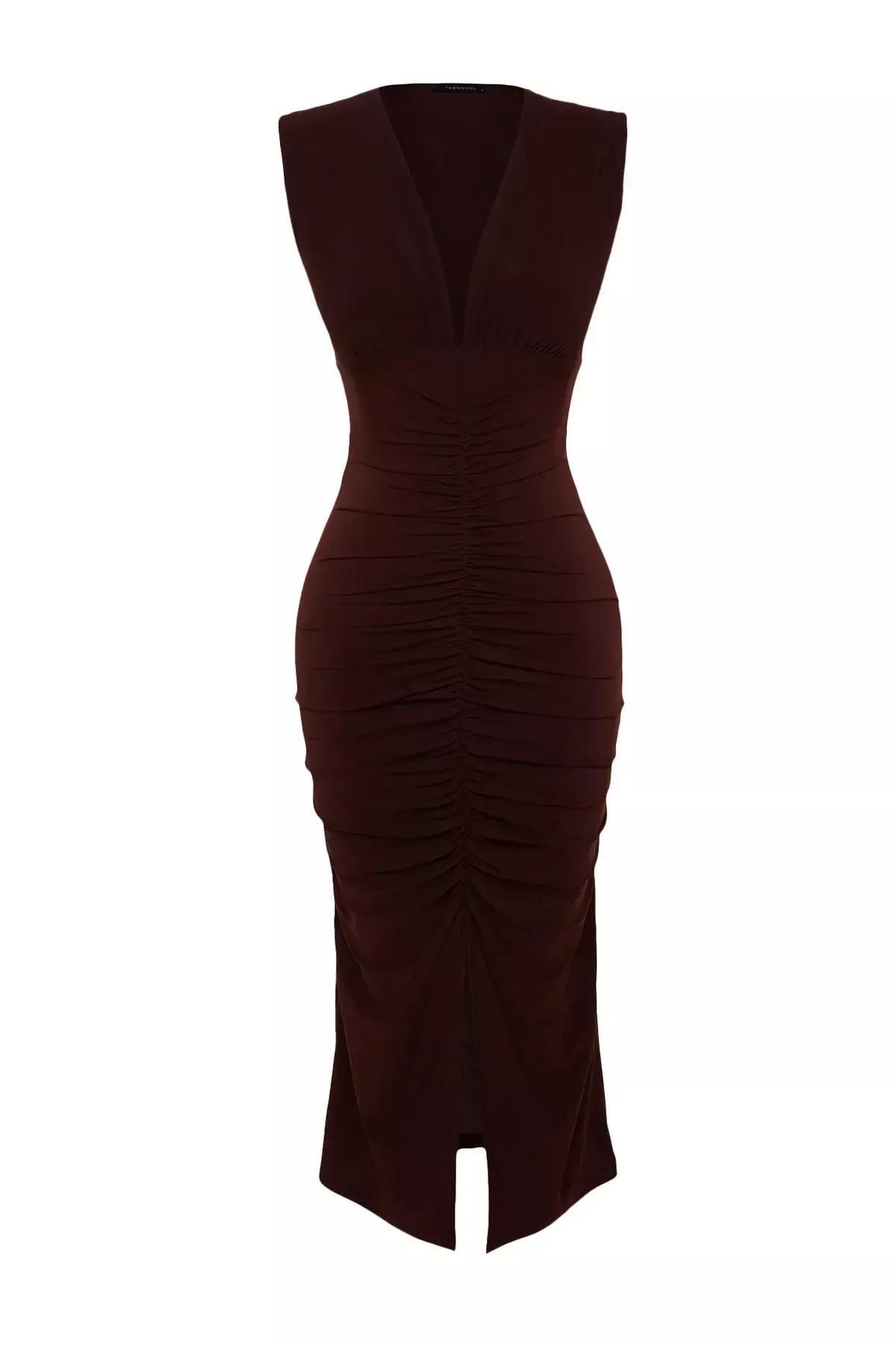Brown V-Neck Dress, Brown, large image number 5