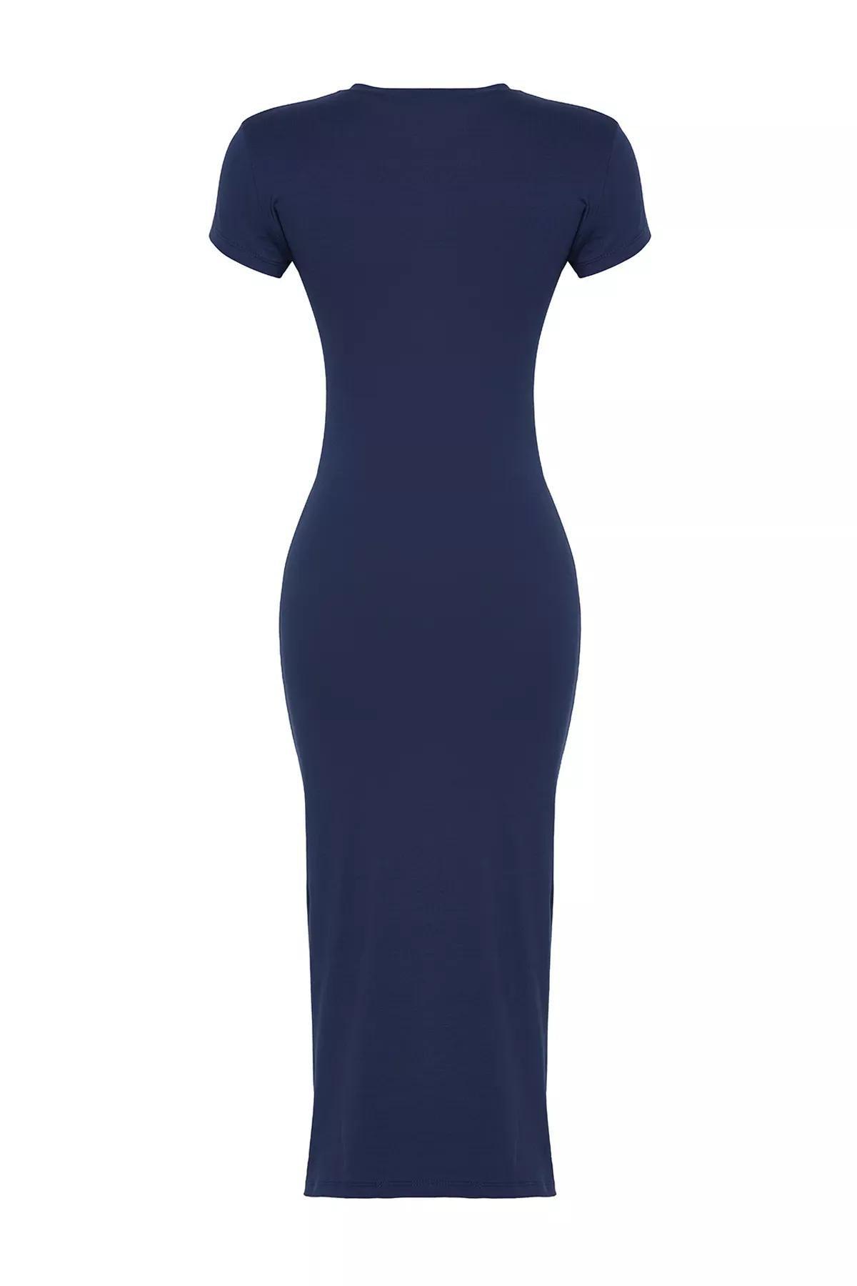 Navy Fitted Slit Midi Knitted Dress, , large image number 5