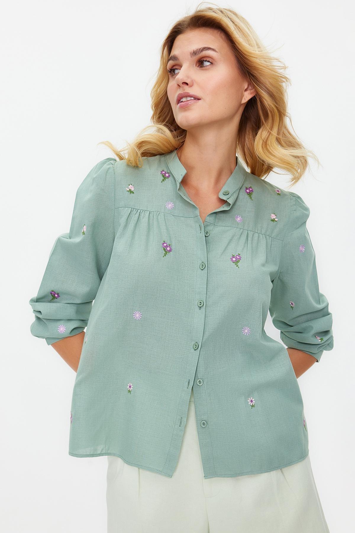 Green Floral Embroidered Woven Shirt, , large image number 1