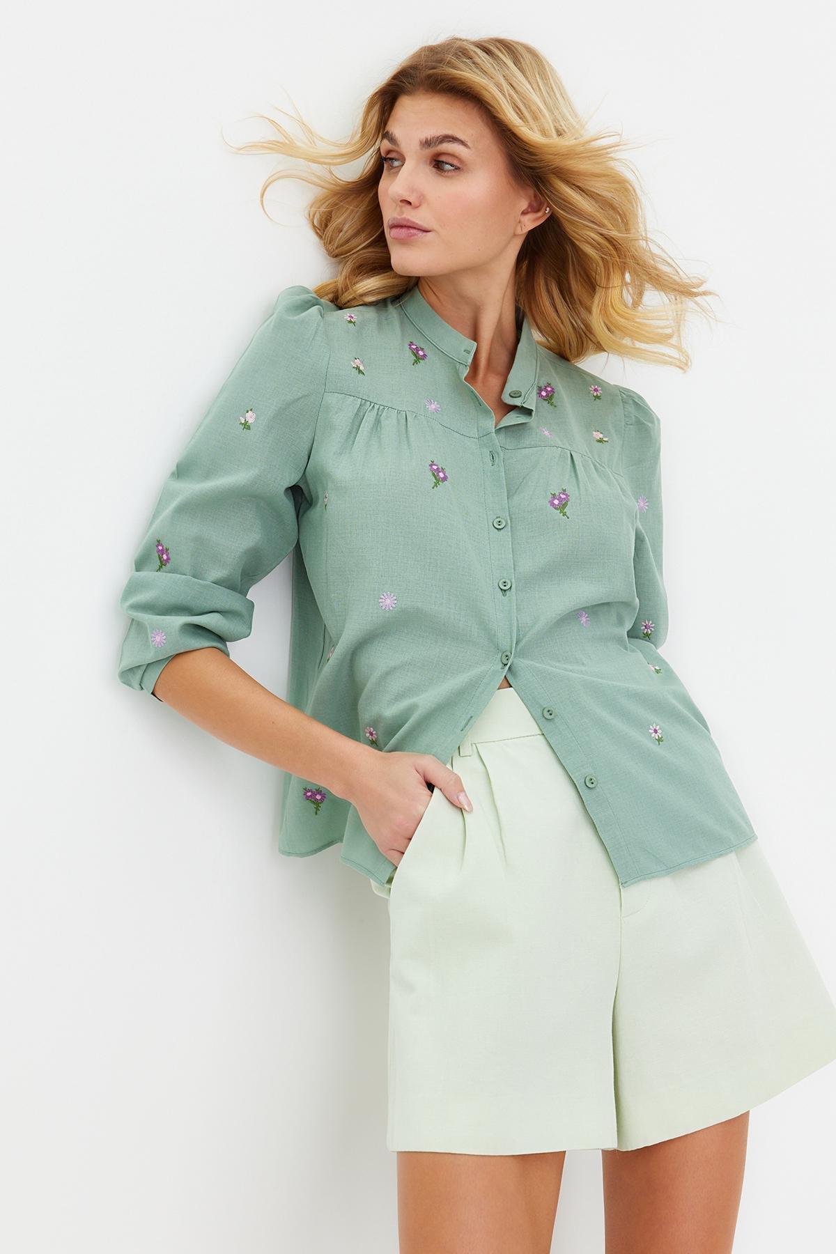 Green Floral Embroidered Woven Shirt, , large image number 2
