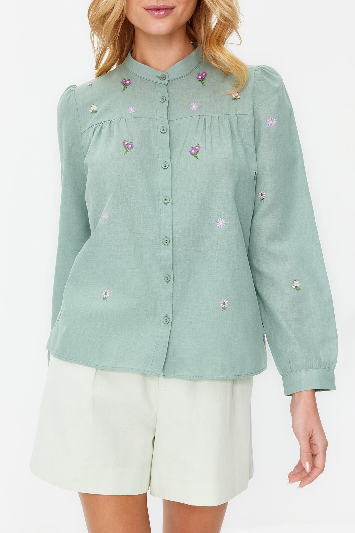 Green Floral Embroidered Woven Shirt, , large image number 3
