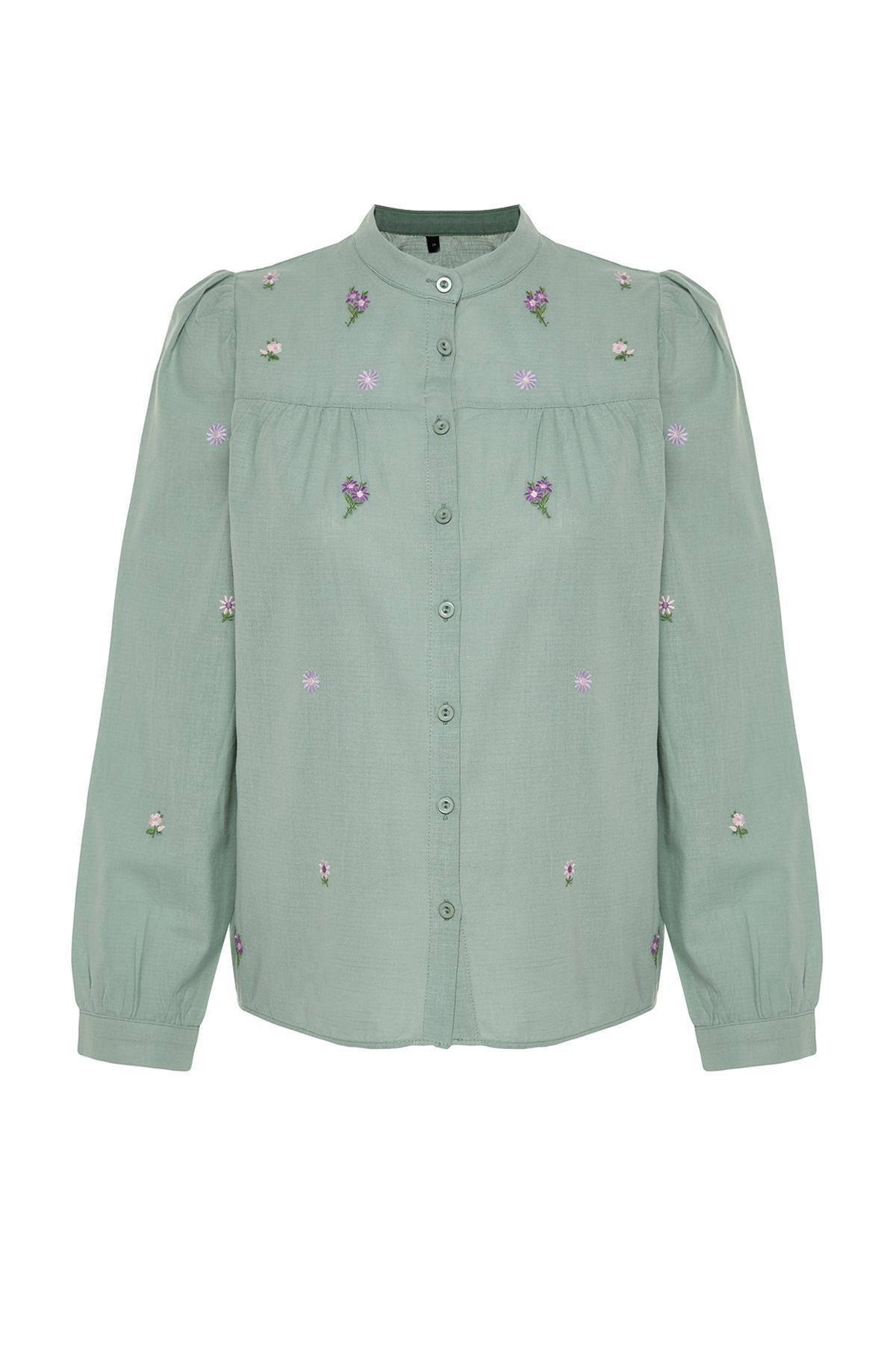 Green Floral Embroidered Woven Shirt, , large image number 5