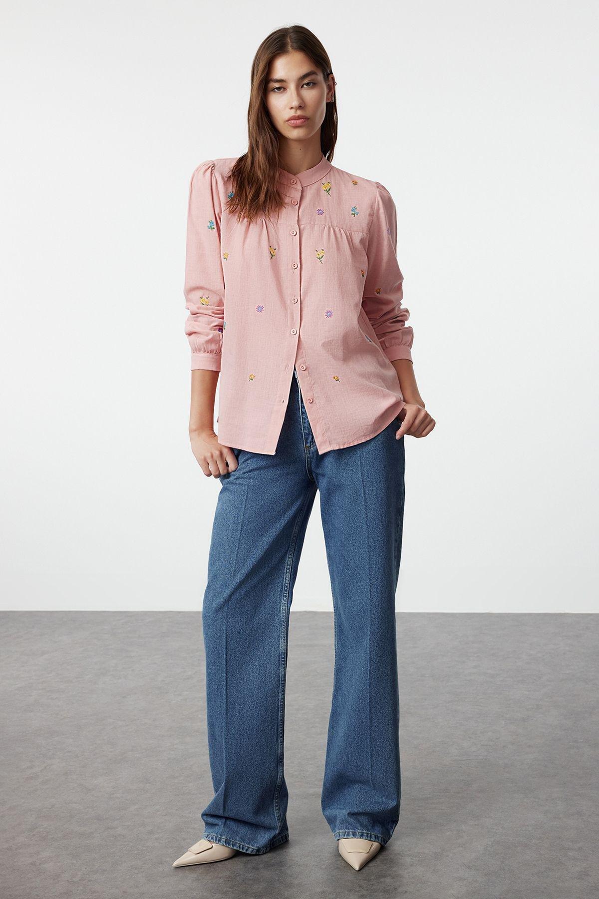 Pink Floral Embroidered Shirt, , medium