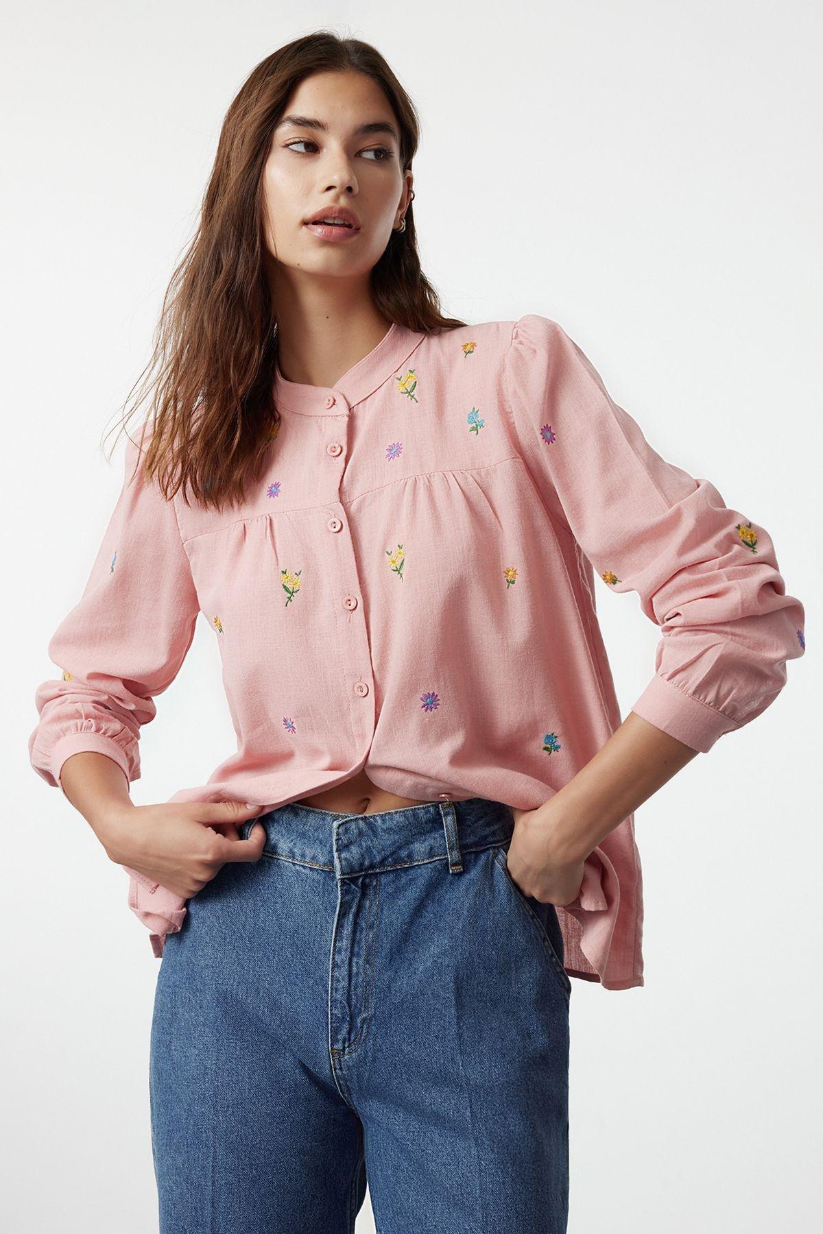 Pink Floral Embroidered Shirt, , large image number 1
