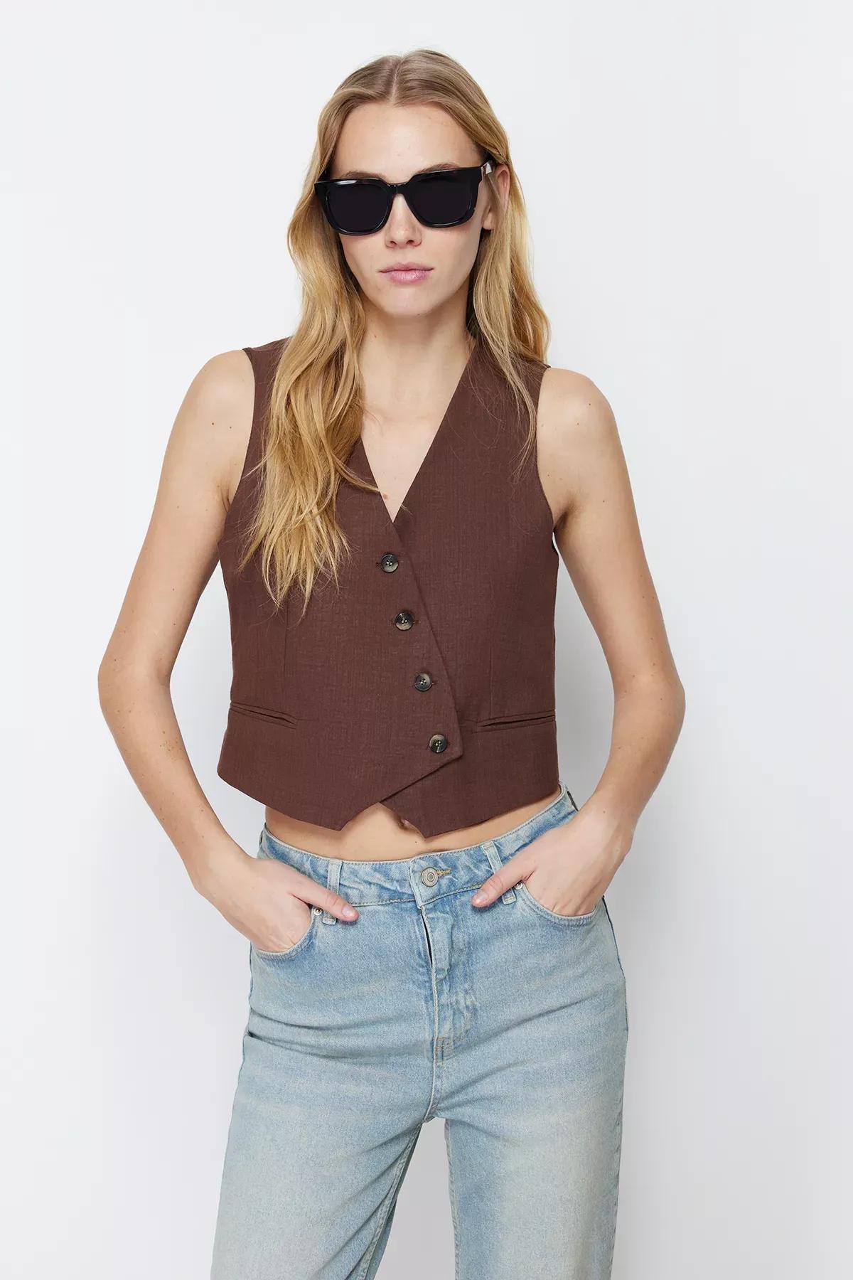 Brown Fitted Linen Vest, Brown, large image number 0