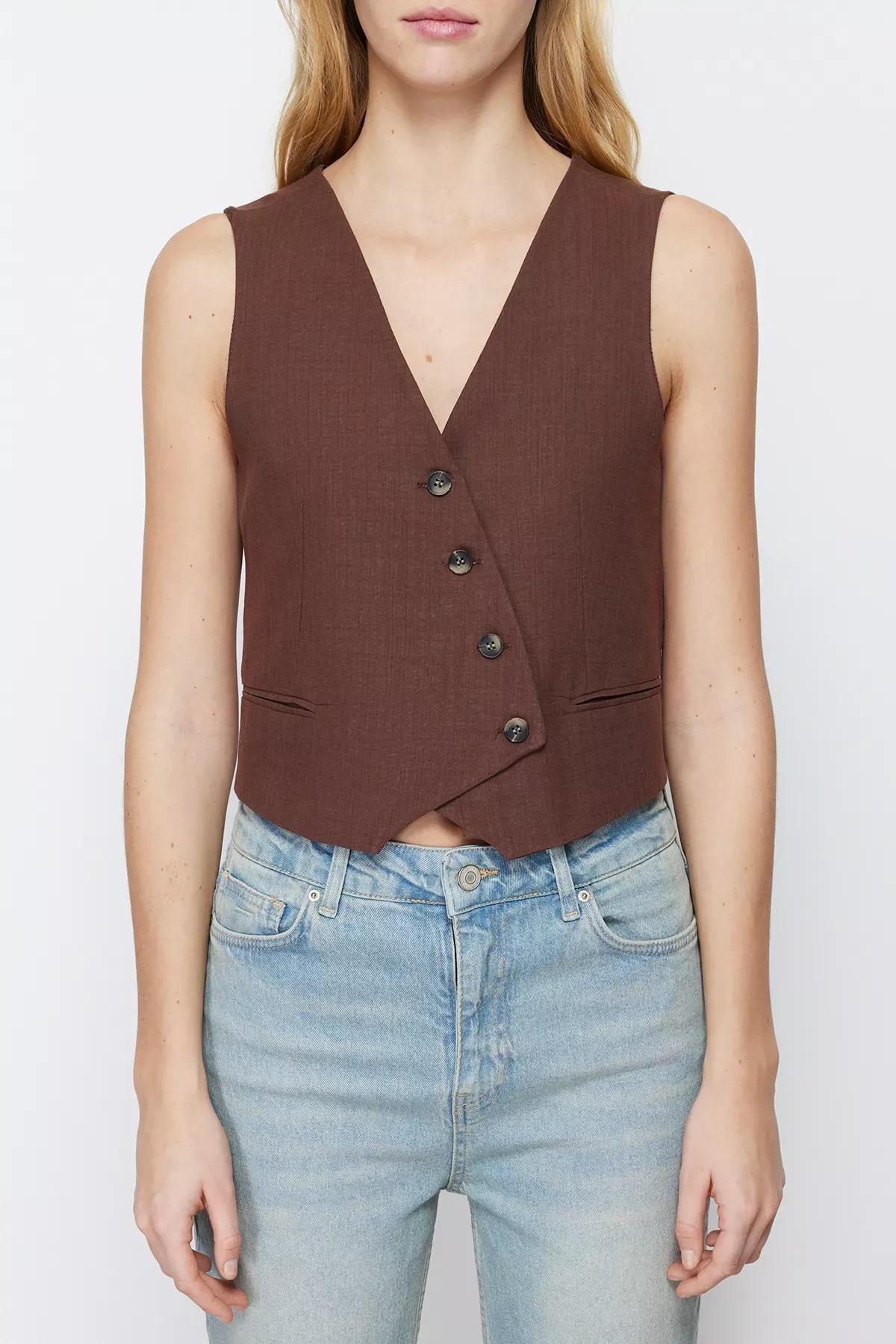 Brown Fitted Linen Vest, Brown, large image number 2