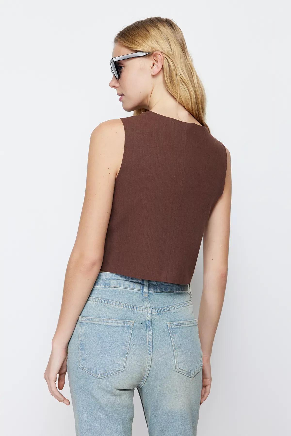 Brown Fitted Linen Vest, Brown, large image number 3