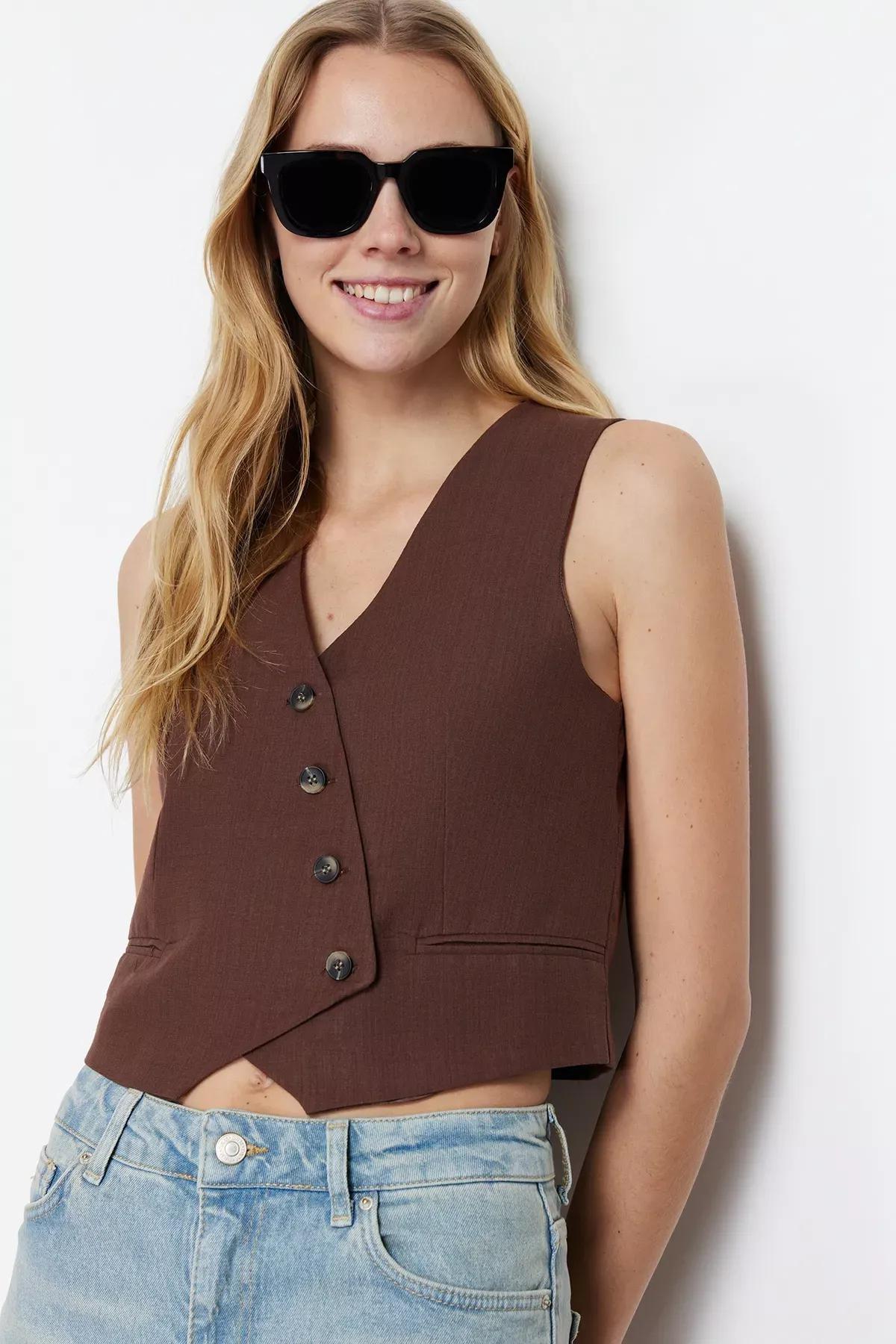 Brown Fitted Linen Vest, Brown, large image number 4