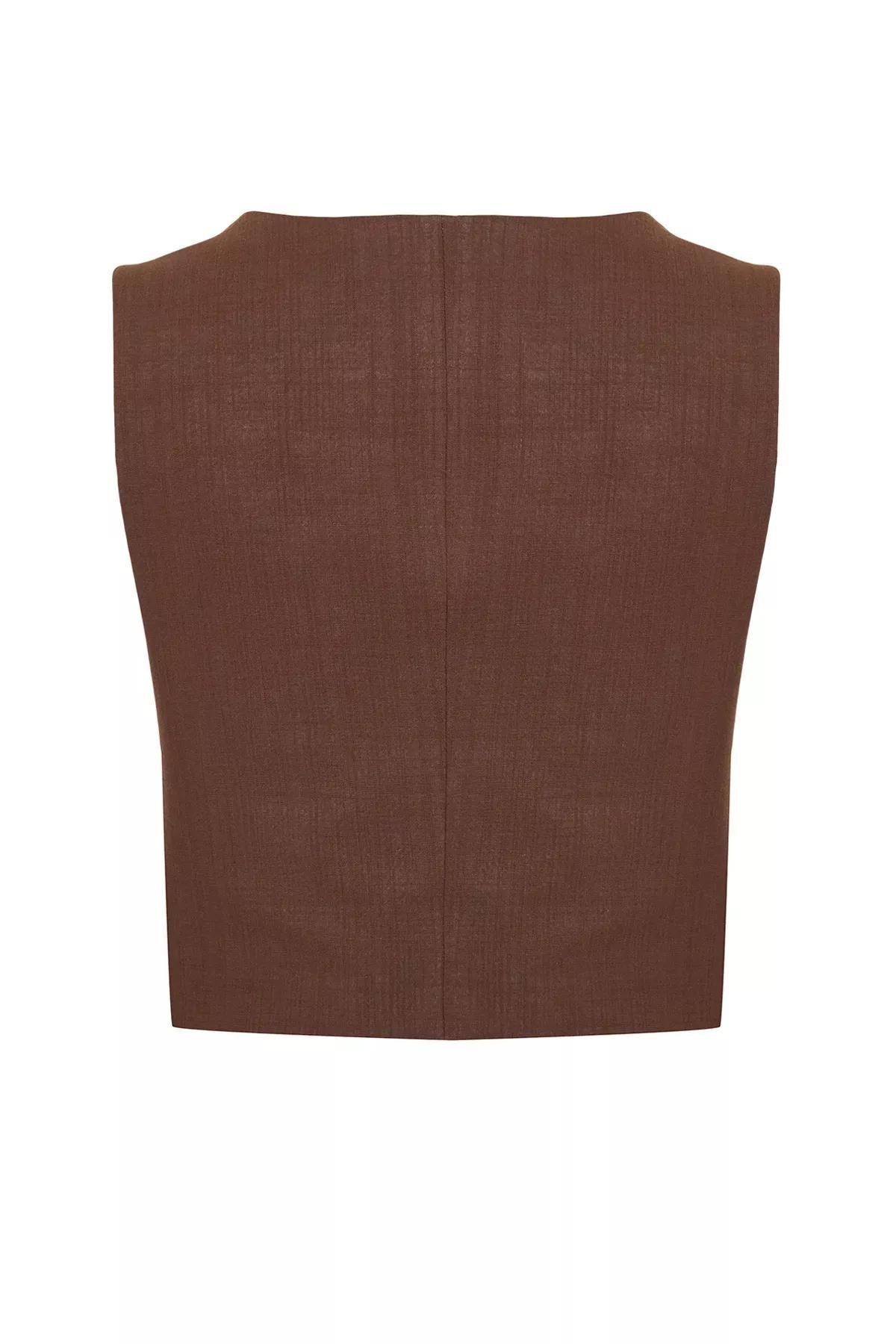 Brown Fitted Linen Vest, Brown, large image number 5