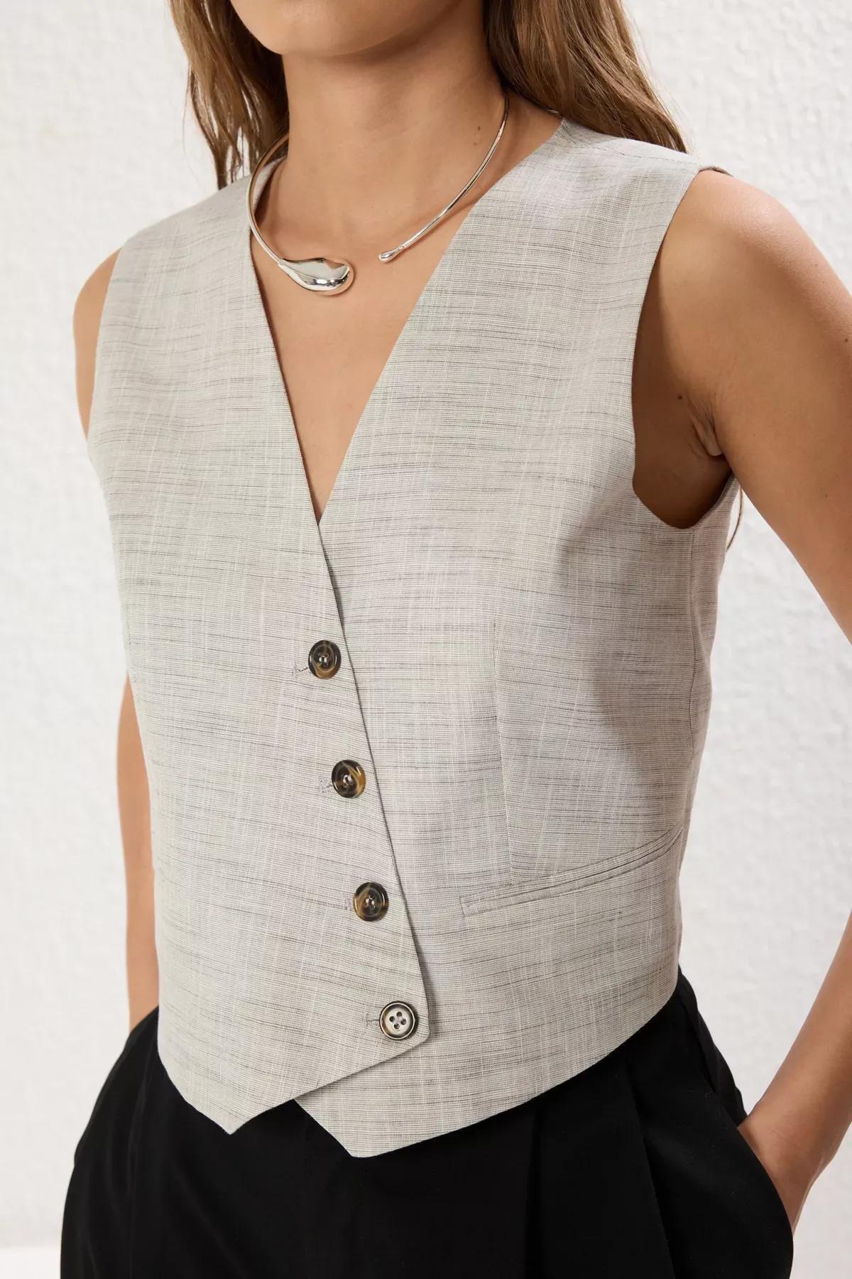 Brown Crop Button Detailed Linen Look Vest, , large image number 2