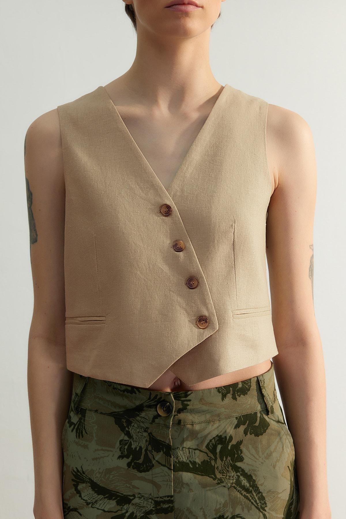 Beige Linen Look Vest, , large image number 3