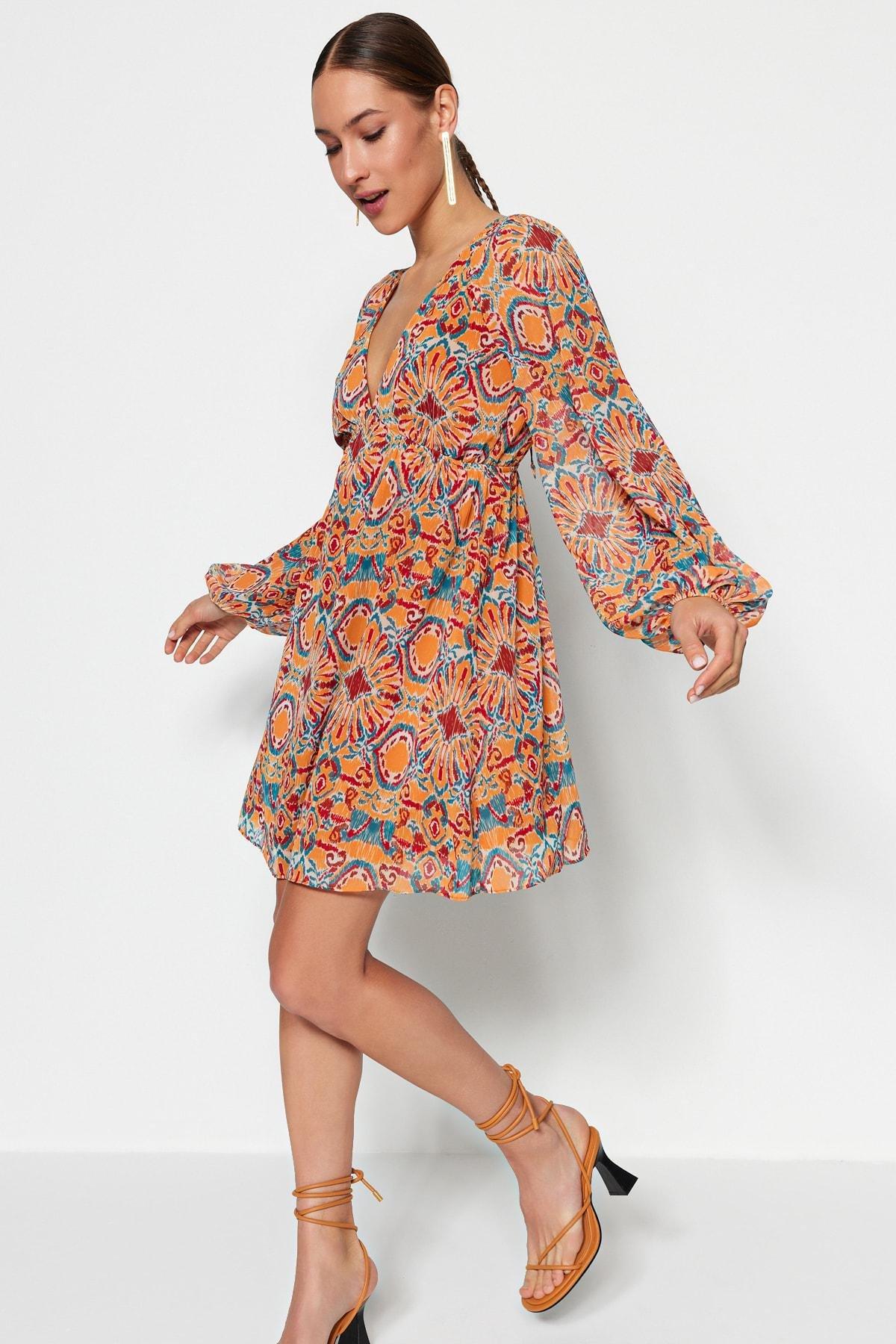 Orange Shift Ethnic Pattern Dress, , large image number 0