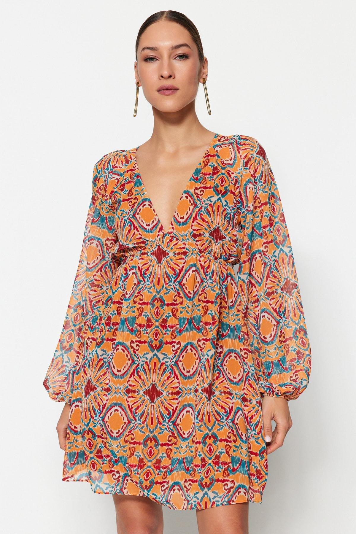 Orange Shift Ethnic Pattern Dress, , large image number 1