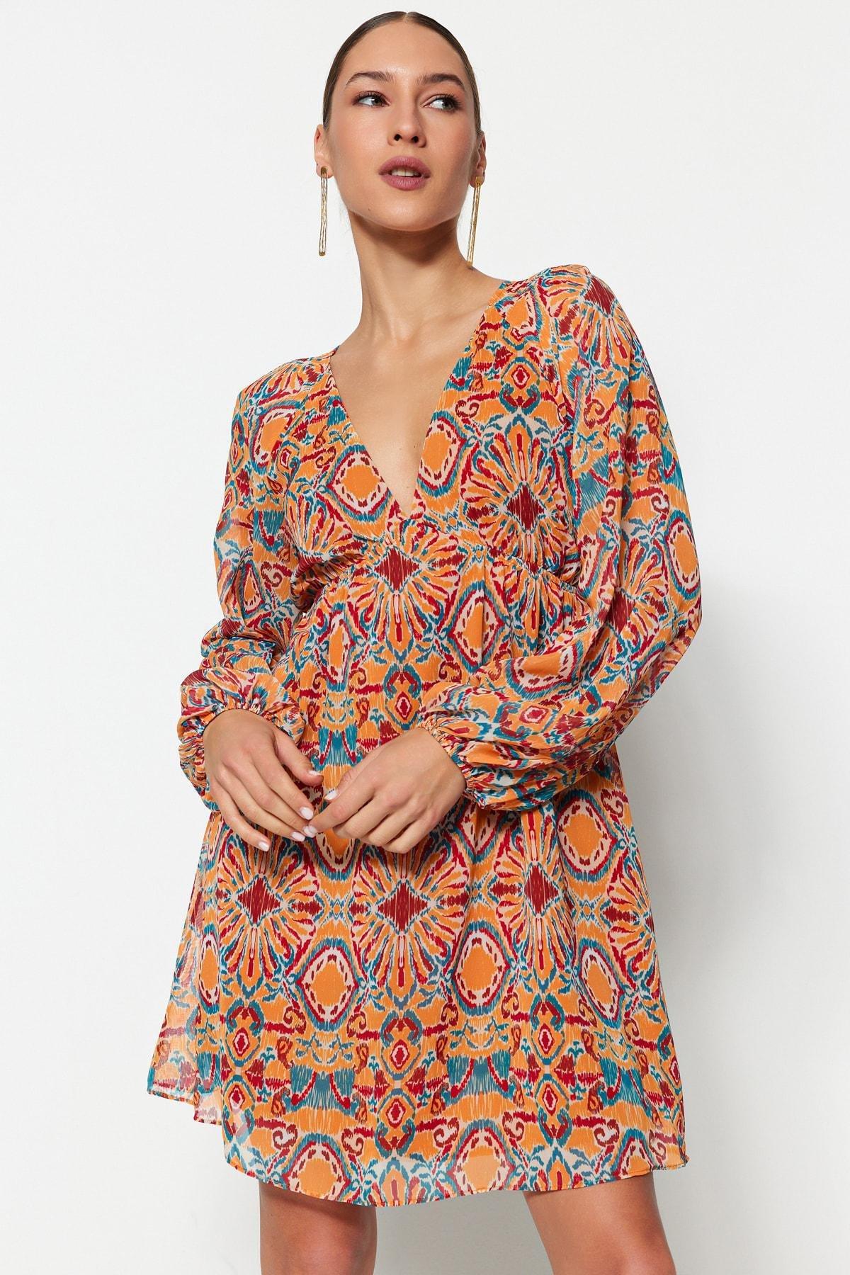 Orange Shift Ethnic Pattern Dress, , large image number 2