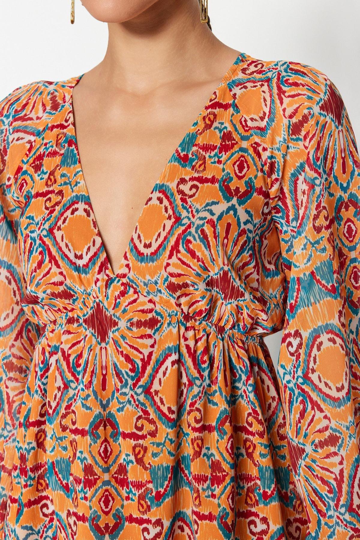 Orange Shift Ethnic Pattern Dress, , large image number 3