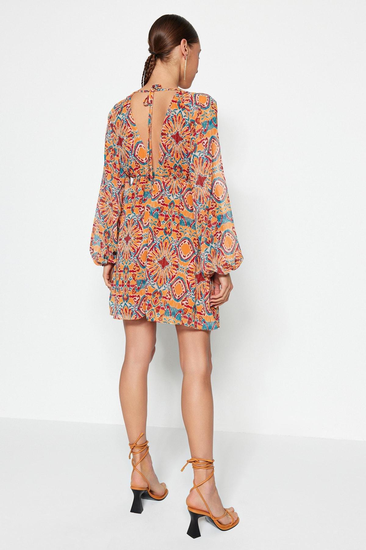 Orange Shift Ethnic Pattern Dress, , large image number 5