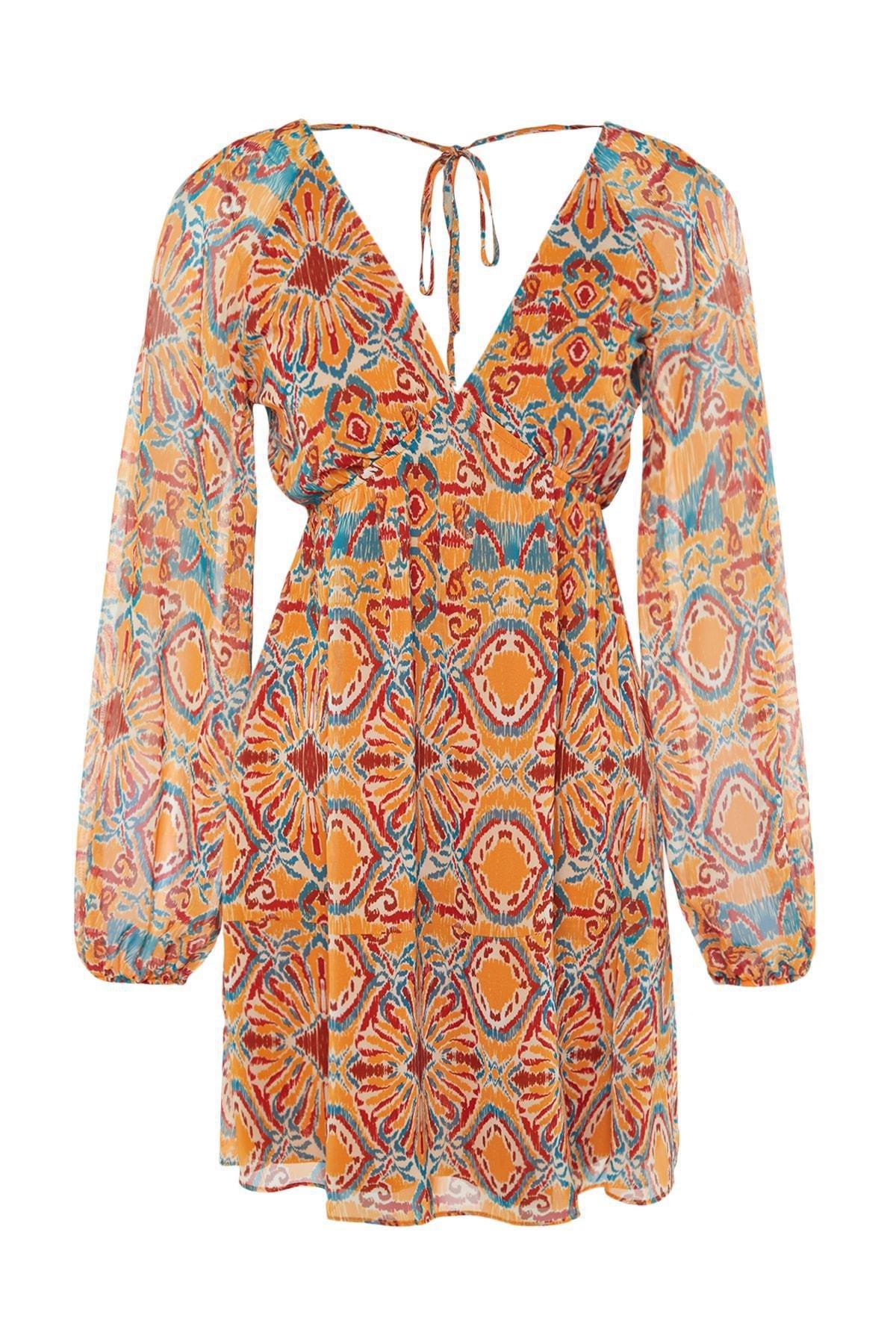 Orange Shift Ethnic Pattern Dress, , large image number 6
