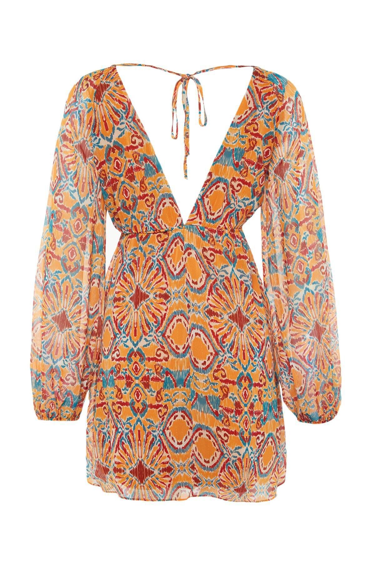 Orange Shift Ethnic Pattern Dress, , large image number 8