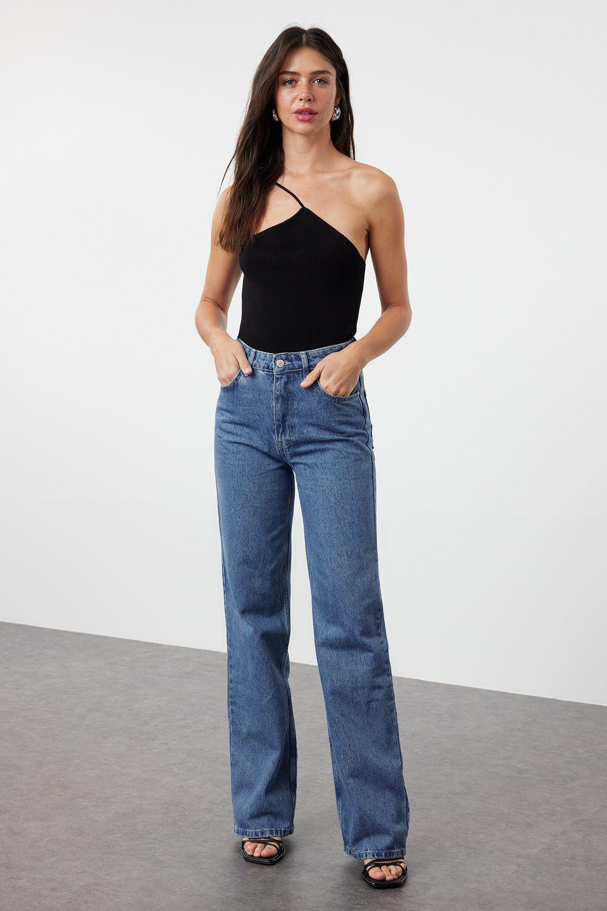 Blue High-Waist Wide Jeans, , large image number 1