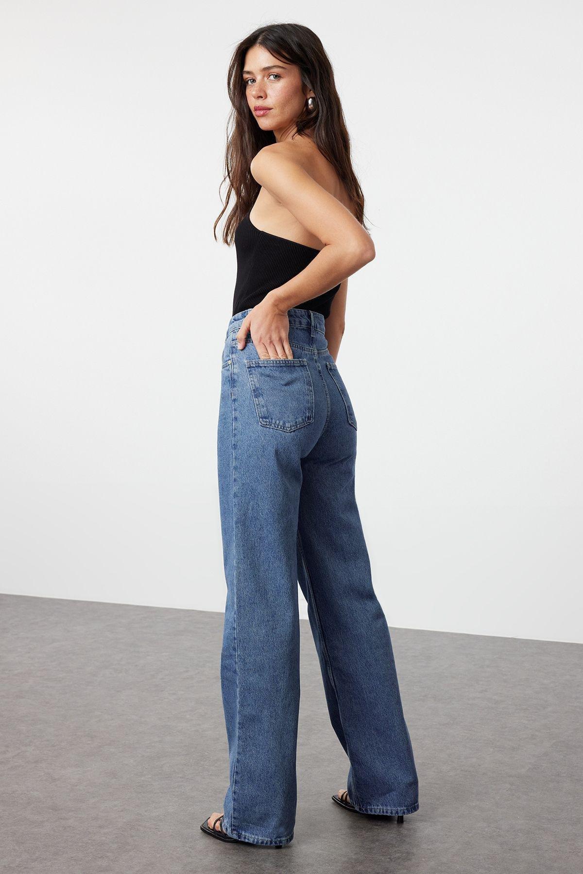 Blue High-Waist Wide Jeans, , large image number 4