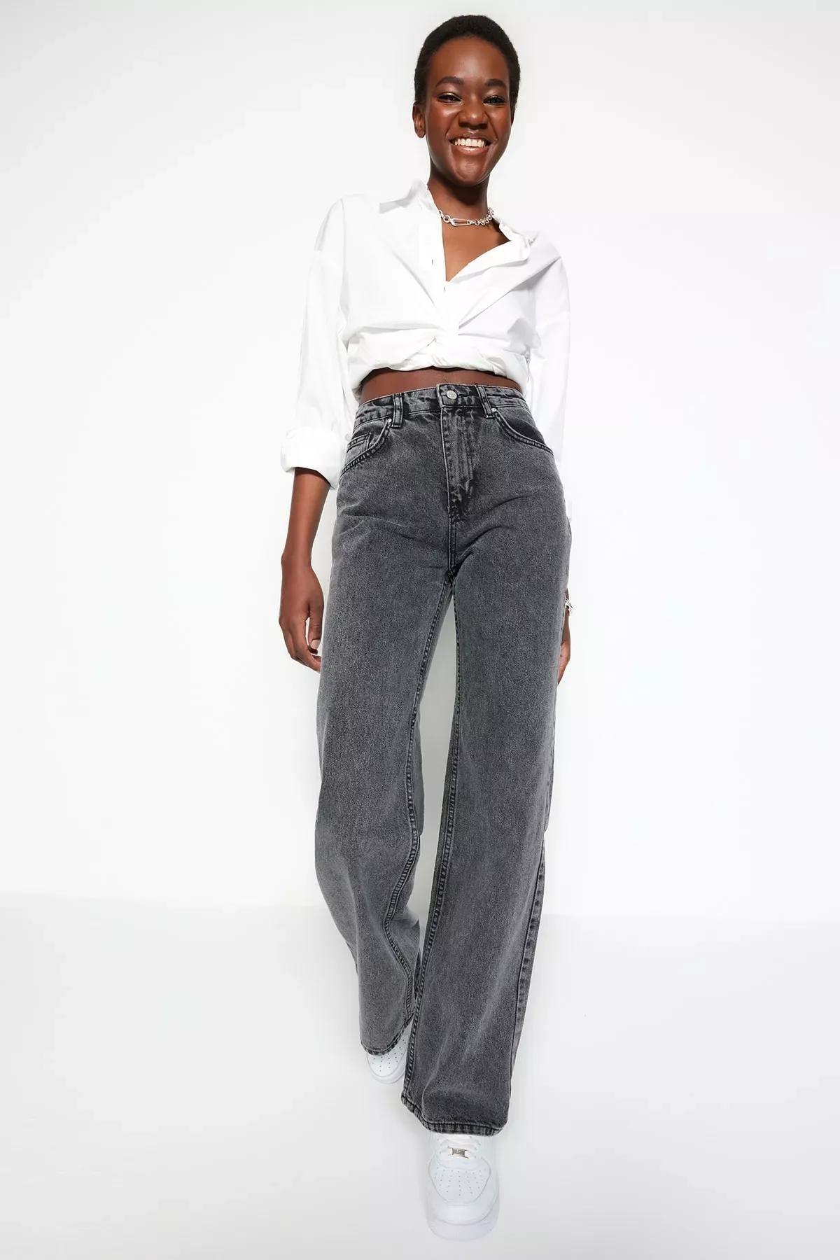 Grey Wide Leg Jeans, Gray, large image number 0