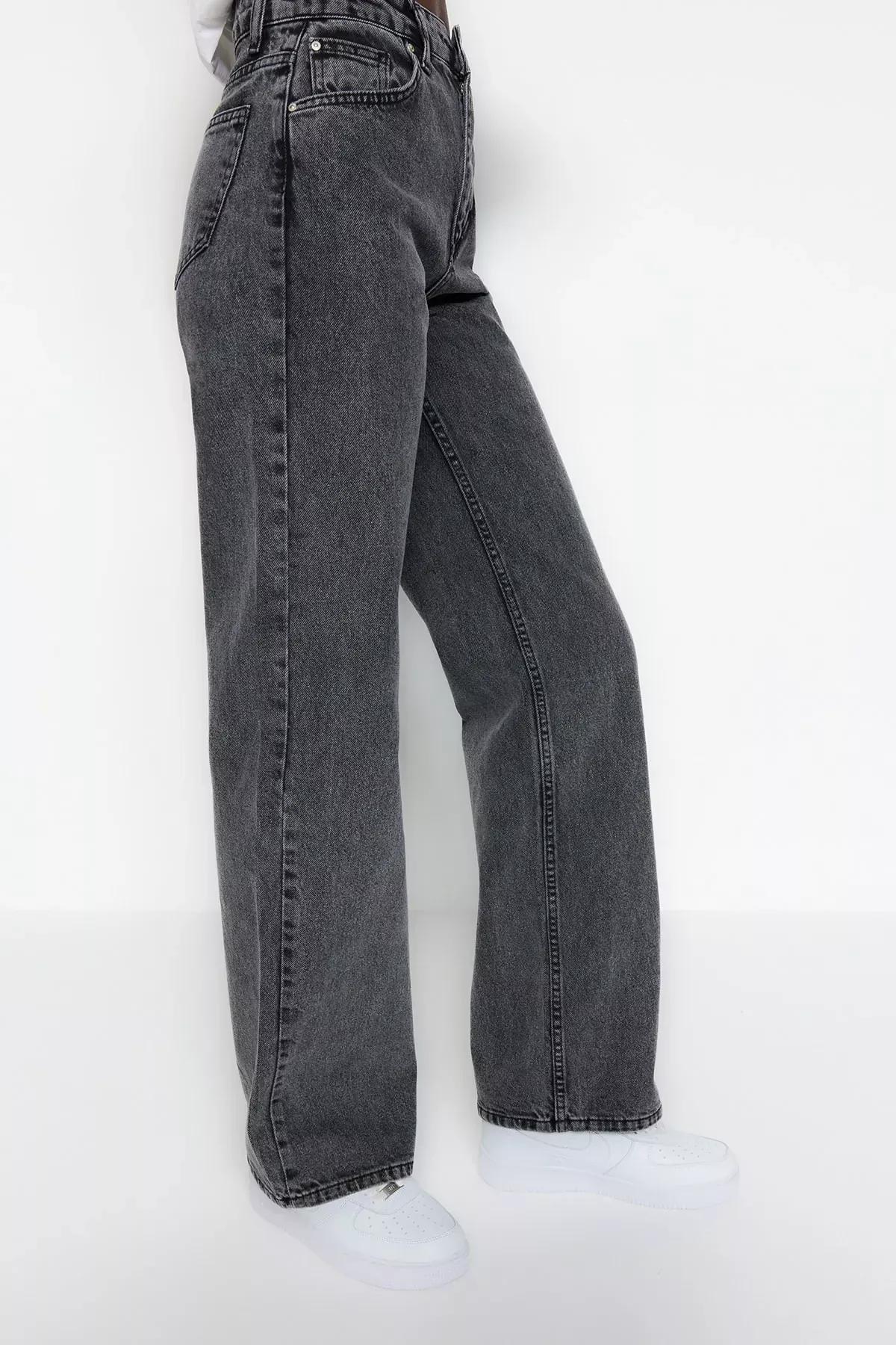 Grey Wide Leg Jeans, Gray, large image number 4