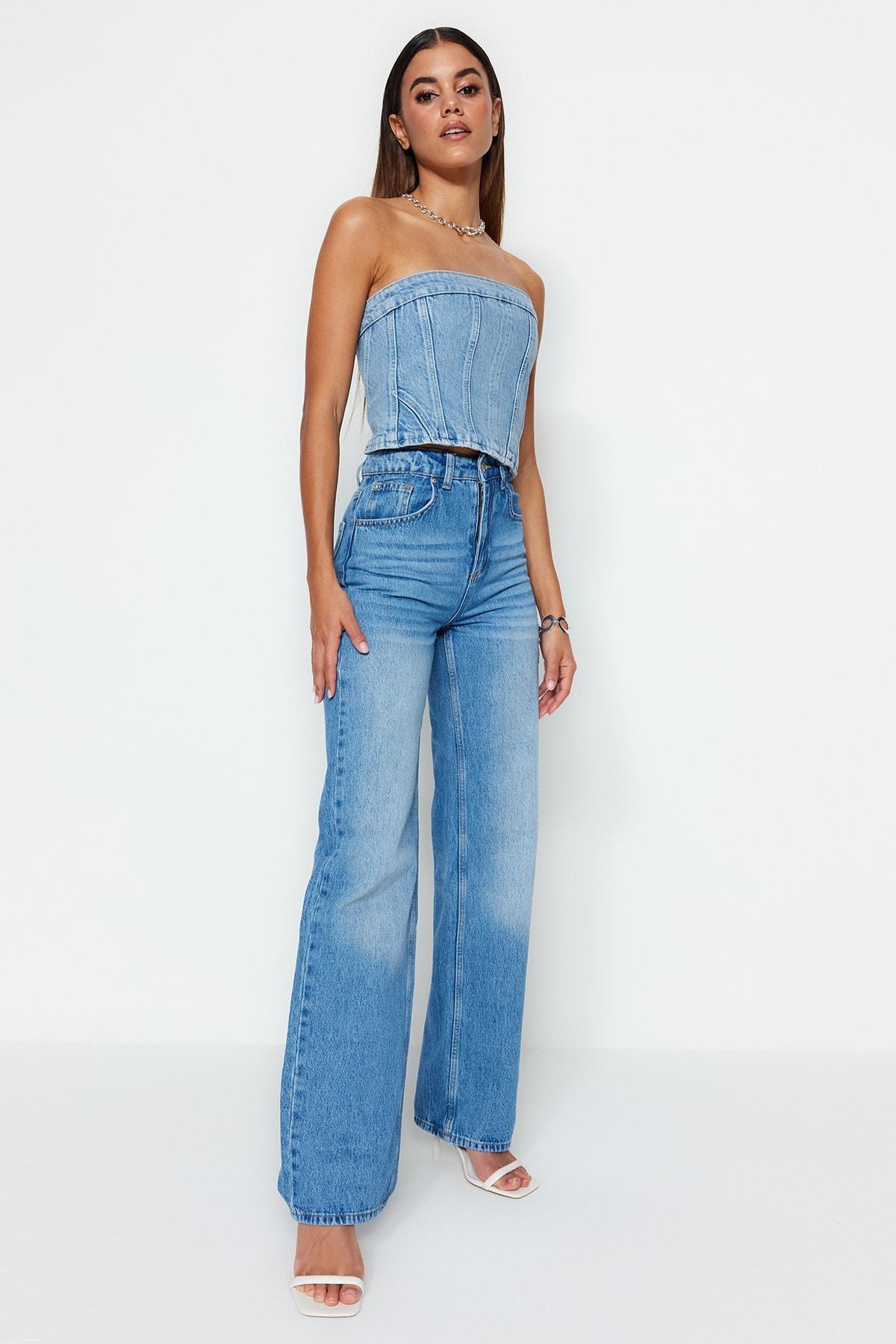 Blue  High-Waist Wide Leg Jeans, Blue, large image number 1