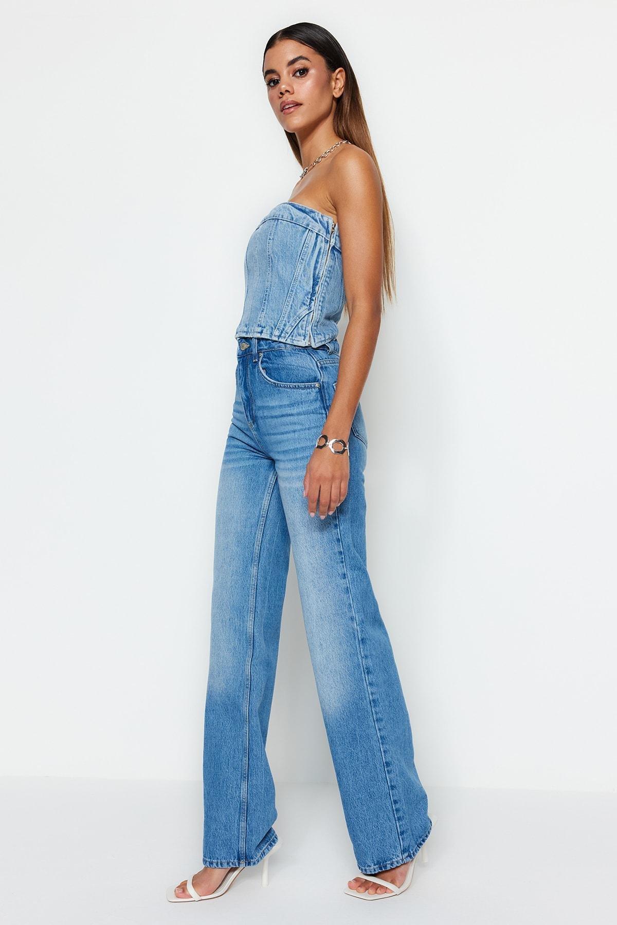 Blue  High-Waist Wide Leg Jeans, Blue, large image number 2