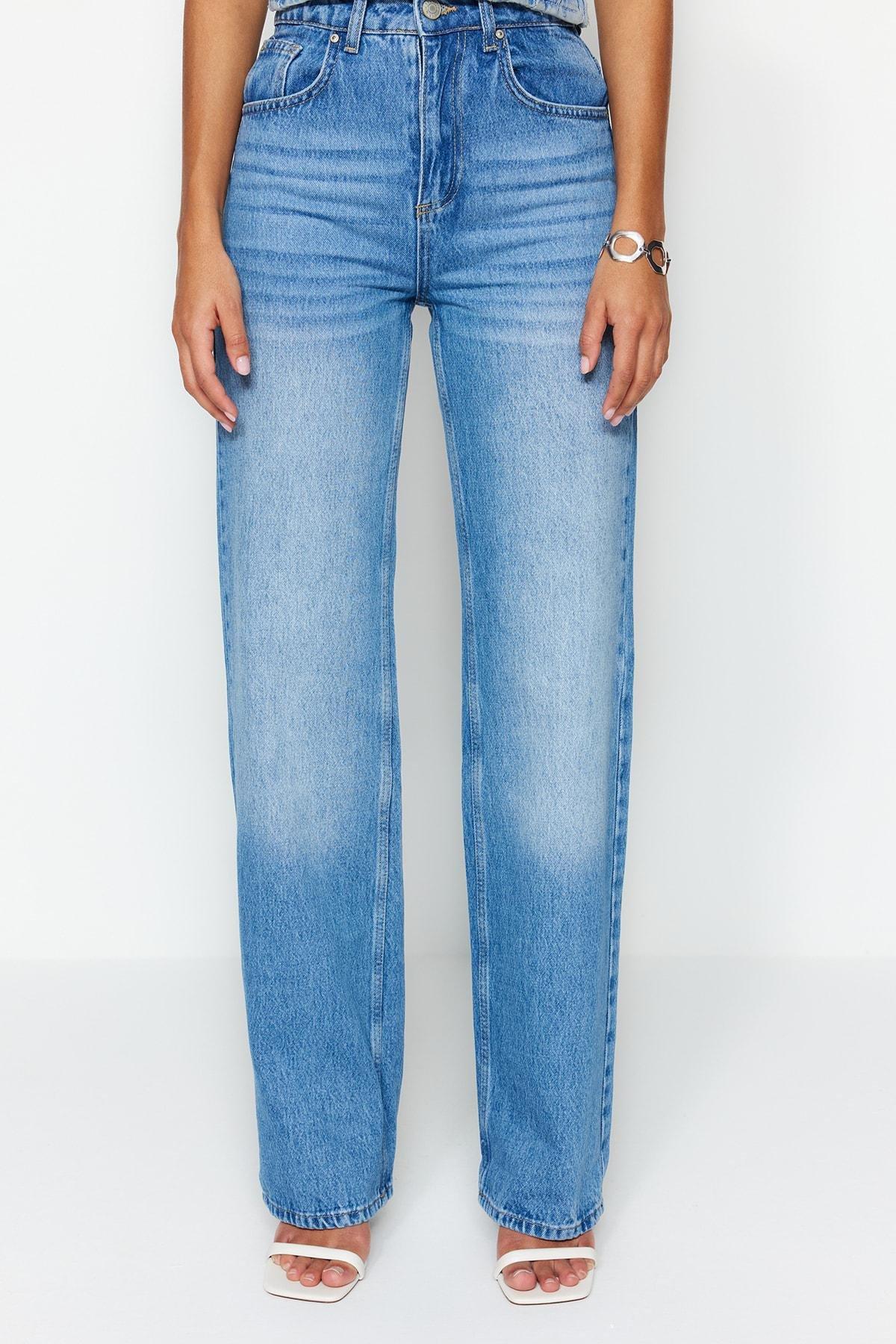 Blue  High-Waist Wide Leg Jeans, Blue, large image number 4